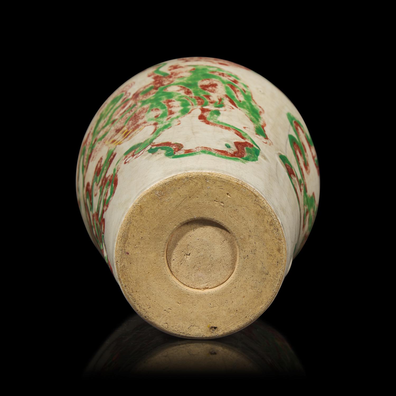 A Chinese Enameled Ceramic Vase, Meiping, Ming Dynasty 明 紅綠彩佛獅圖梅瓶