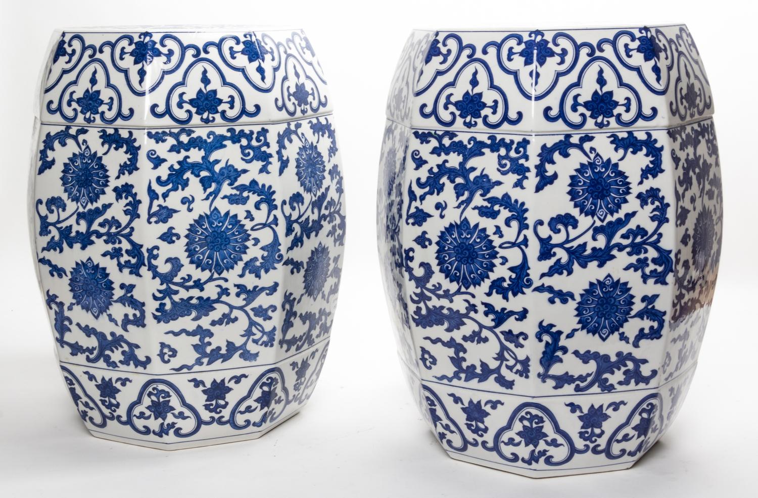 A Pair of Blue and White Porcelain Garden Seats. Height of each 19 inches.