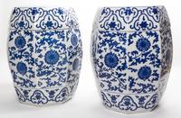 A Pair of Blue and White Porcelain Garden Seats. Height of each 19 inches.