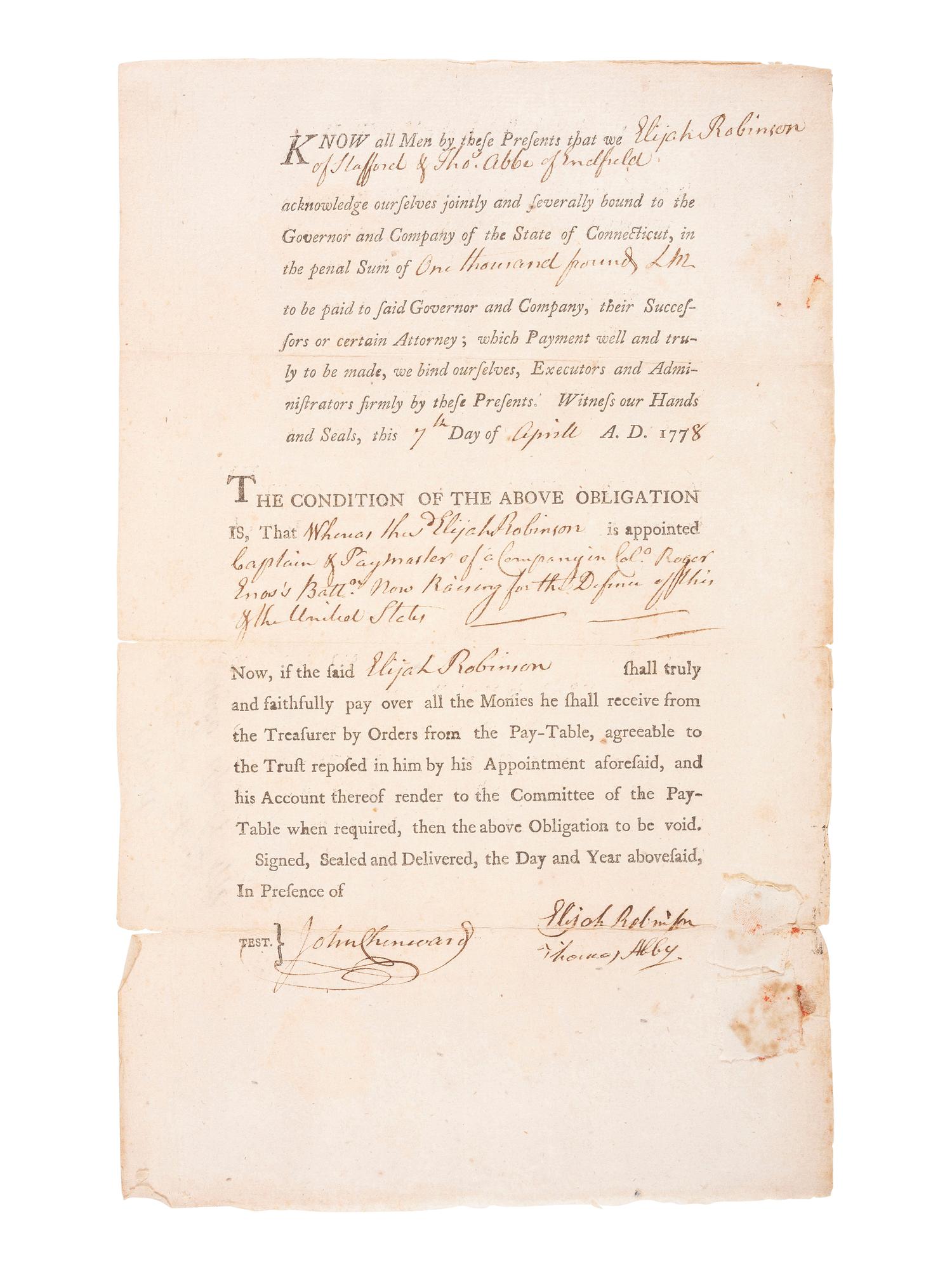[REVOLUTIONARY WAR]. Partially printed appointment of Elijah Robinson (1735-1809) as "Captain & Paymaster" of a Company in Col. Roger Enos's Battallion "now raising for the Defence of this & the United States." Connecticut, 7 April 1778.