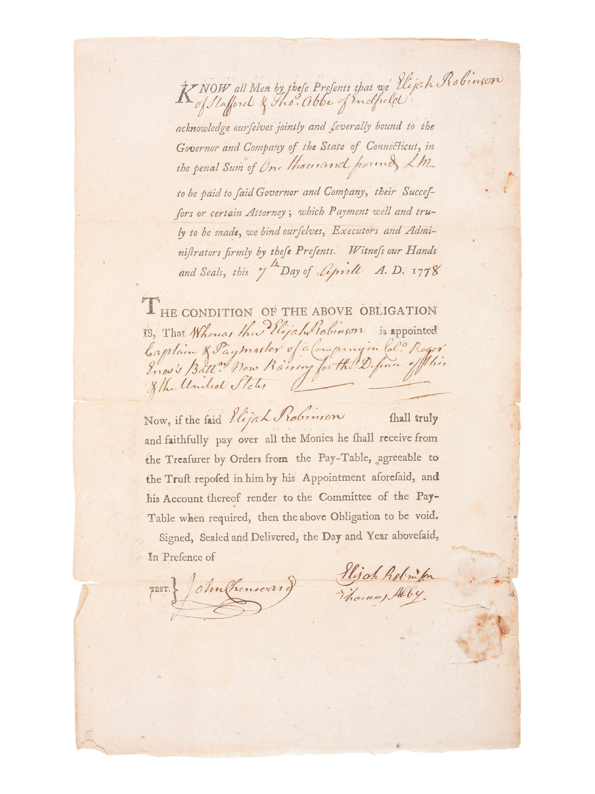 [REVOLUTIONARY WAR]. Partially printed appointment of Elijah Robinson (1735-1809) as "Captain & Paymaster" of a Company in Col. Roger Enos's Battallion "now raising for the Defence of this & the United States." Connecticut, 7 April 1778.
