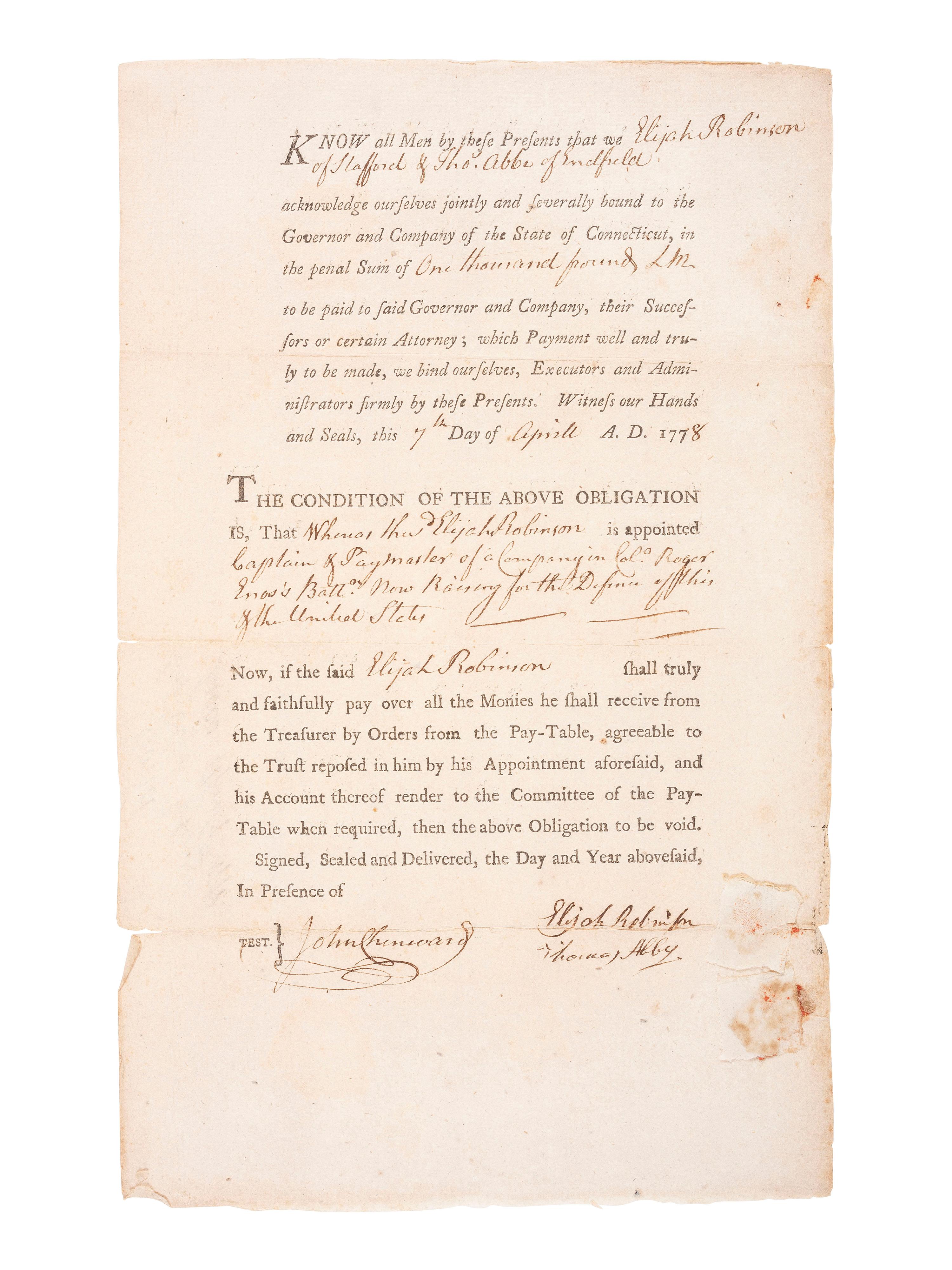 [REVOLUTIONARY WAR]. Partially printed appointment of Elijah Robinson (1735-1809) as "Captain & Paymaster" of a Company in Col. Roger Enos's Battallion "now raising for the Defence of this & the United States." Connecticut, 7 April 1778.