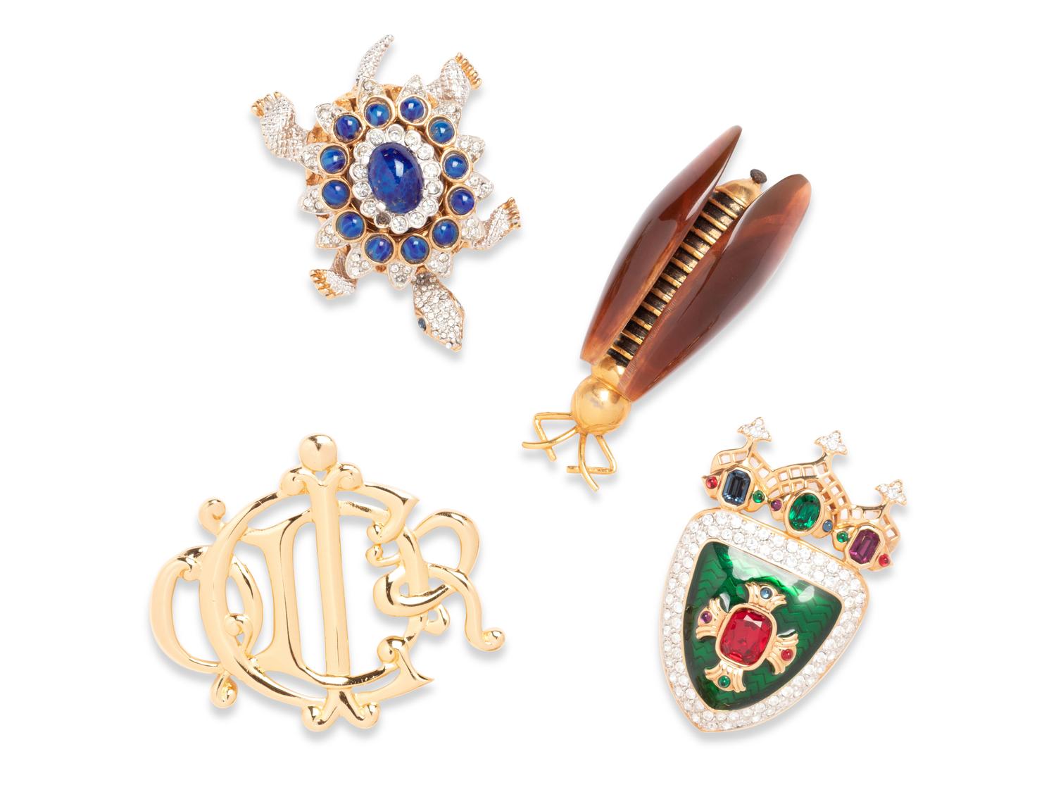 Four Vintage Designer Brooches: Dior, Valentino, Kenneth J Lane, Swarovski