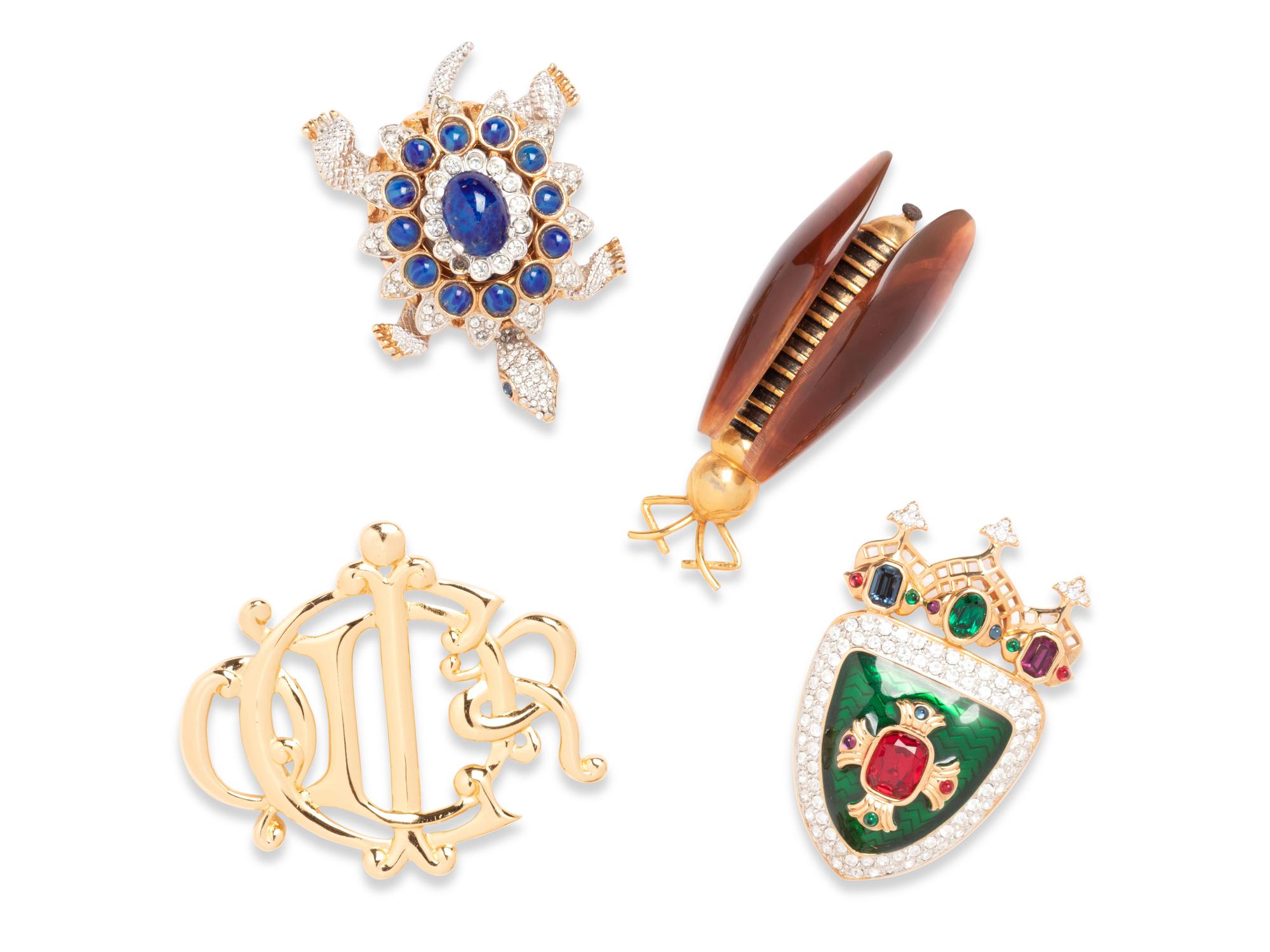 Four Vintage Designer Brooches: Dior, Valentino, Kenneth J Lane, Swarovski
