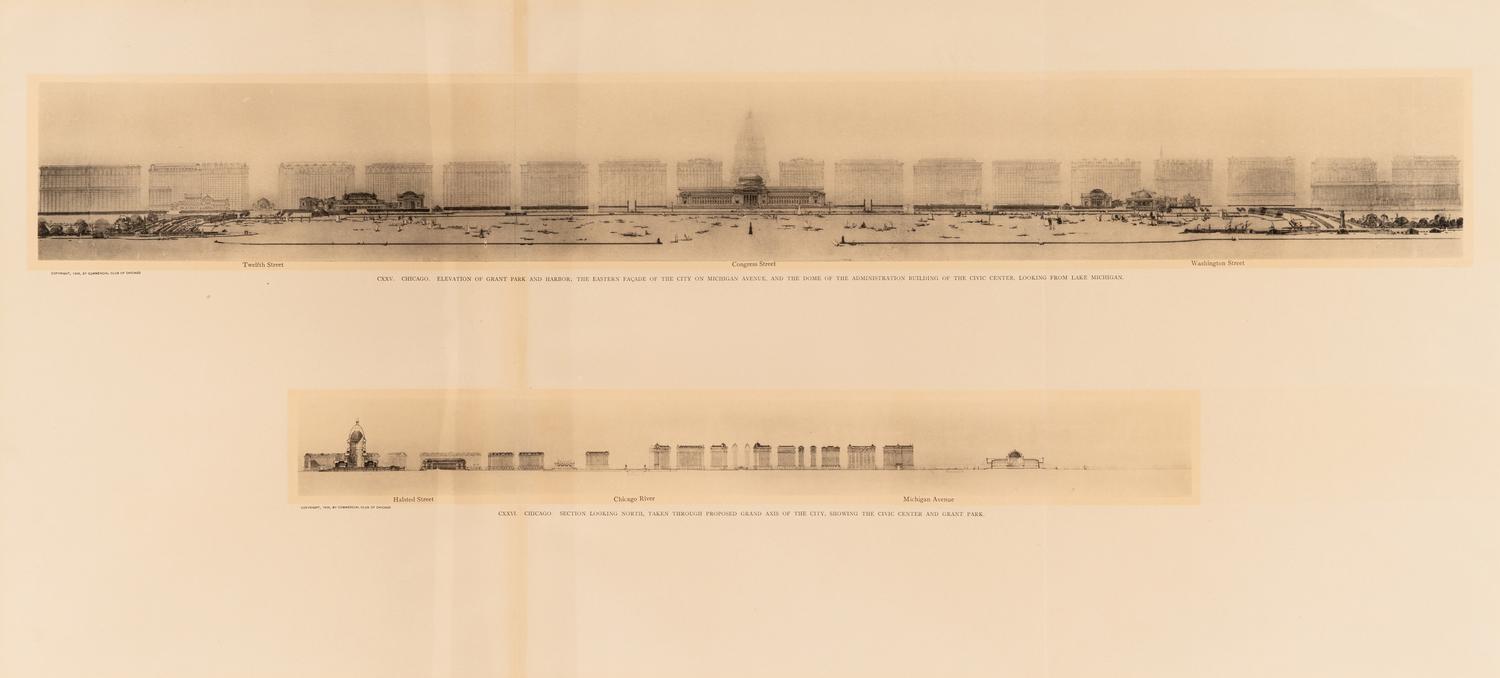 [CHICAGO]. BURNHAM, Daniel. A group of 6 prints and elevations from Burnham's Plan of Chicago , published by the Commercial Club of Chicago, 1909.
