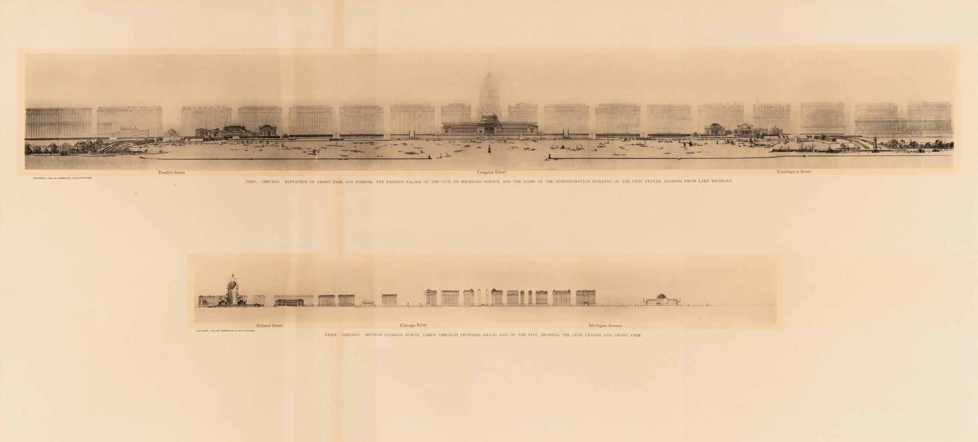 [CHICAGO]. BURNHAM, Daniel. A group of 6 prints and elevations from Burnham's Plan of Chicago , published by the Commercial Club of Chicago, 1909.