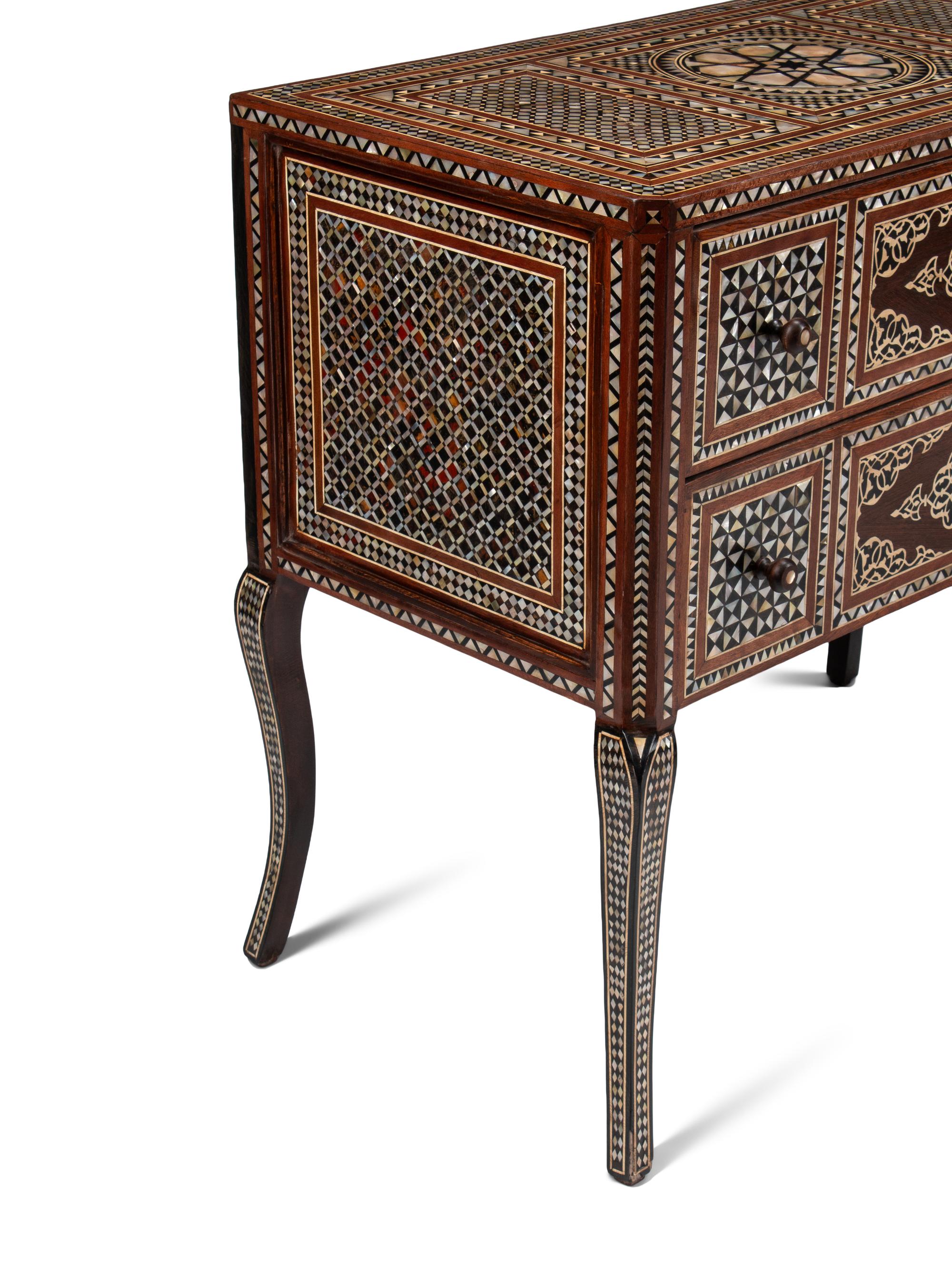 A Pair of Levantine Bone and Mother-of-Pearl Inlaid Marquetry Commodes