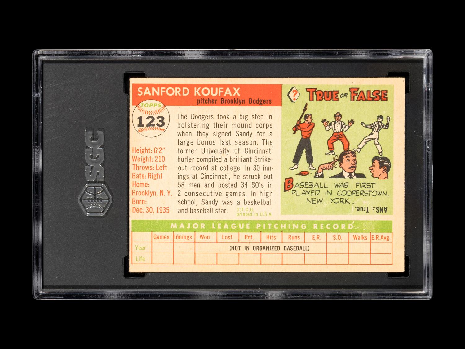 A 1955 Topps Sandy Koufax Rookie Baseball Card No. 123 (SGC 4.5 VG-EX+)