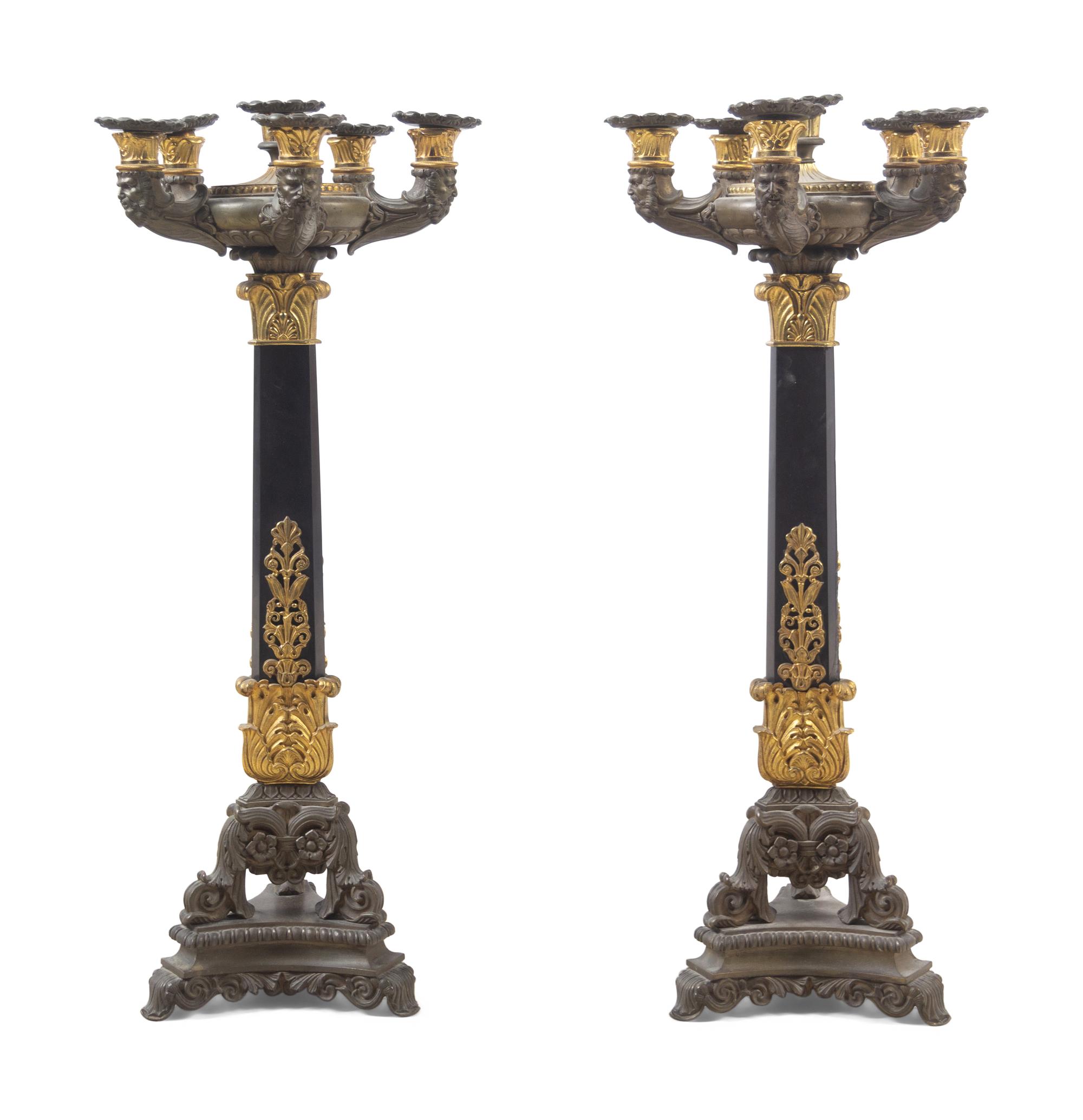 A Pair of Charles X Gilt and Patinated Bronze Six-Light Candelabra