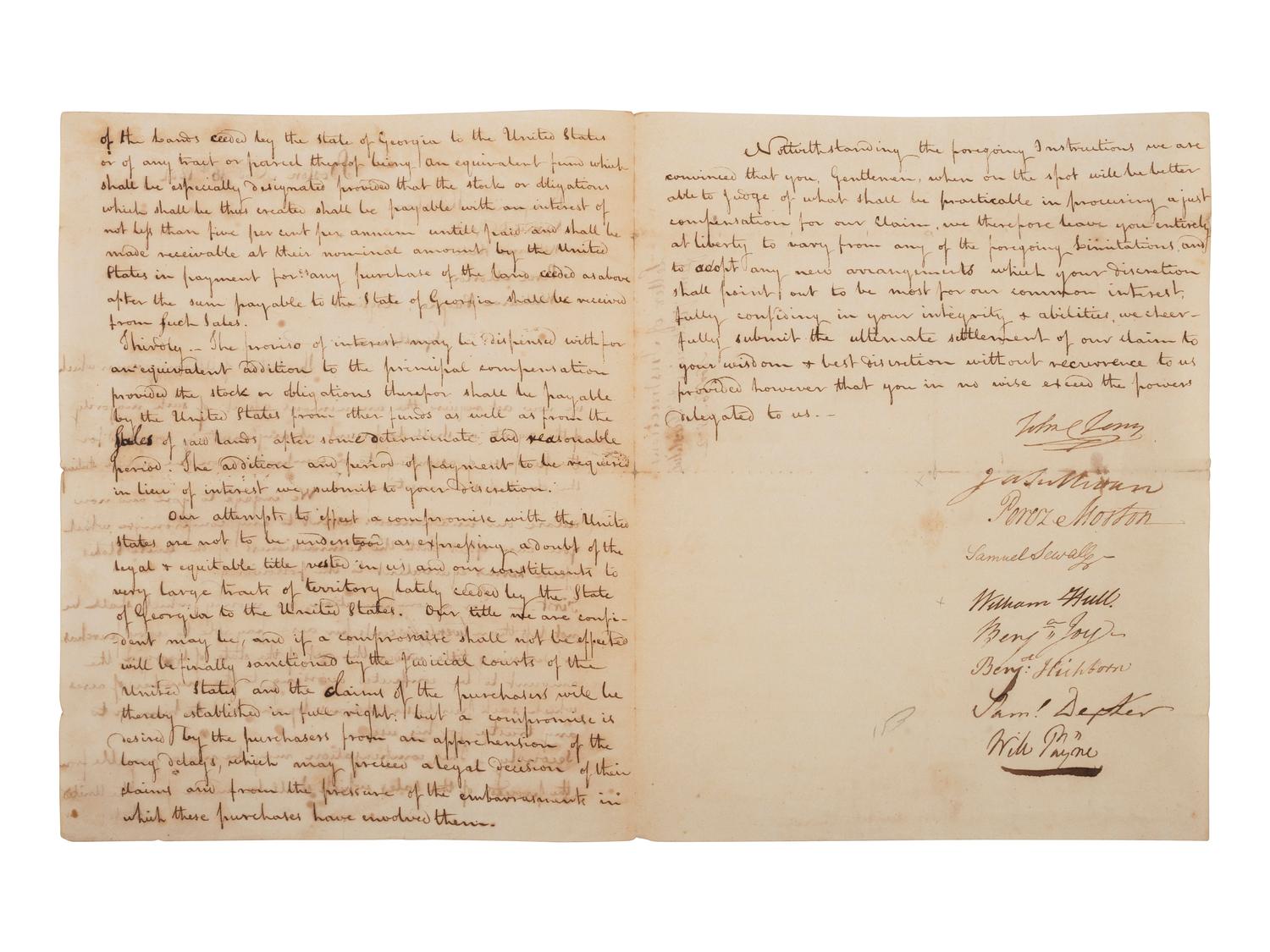 [NEW ENGLAND MISSISSIPPI LAND COMPANY]. 1802 power of attorney signed by directors of the New England Mississippi Land Company to appoint 5 directors to negotiate their claim with the US commissioners with respect to Georgia lands ceded to the US.
