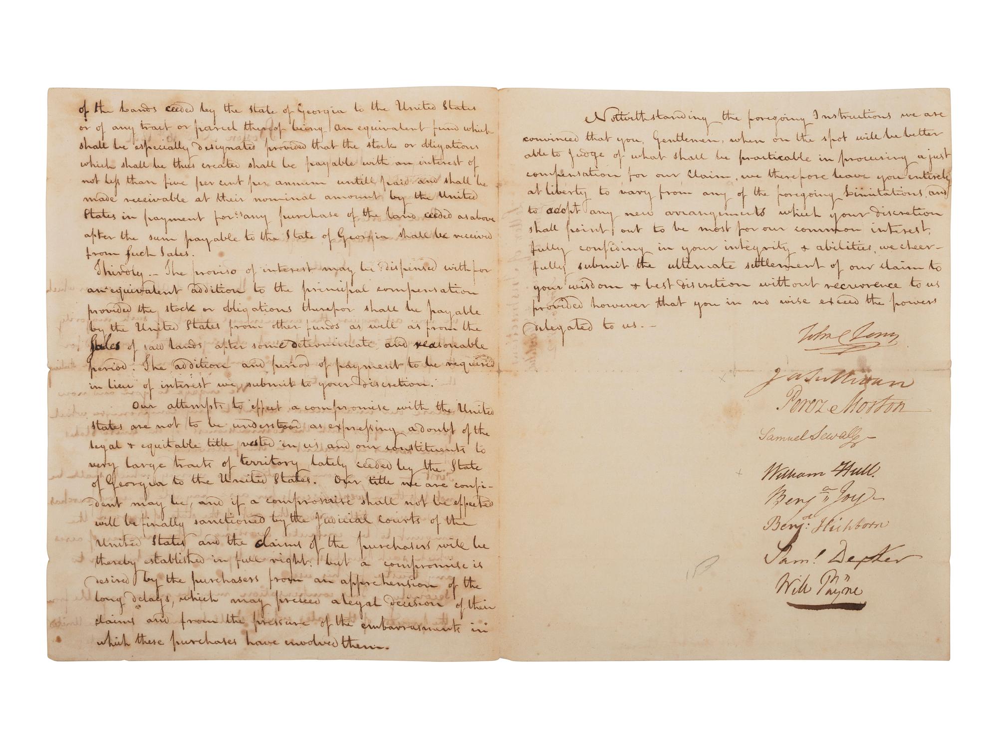 [NEW ENGLAND MISSISSIPPI LAND COMPANY]. 1802 power of attorney signed by directors of the New England Mississippi Land Company to appoint 5 directors to negotiate their claim with the US commissioners with respect to Georgia lands ceded to the US.