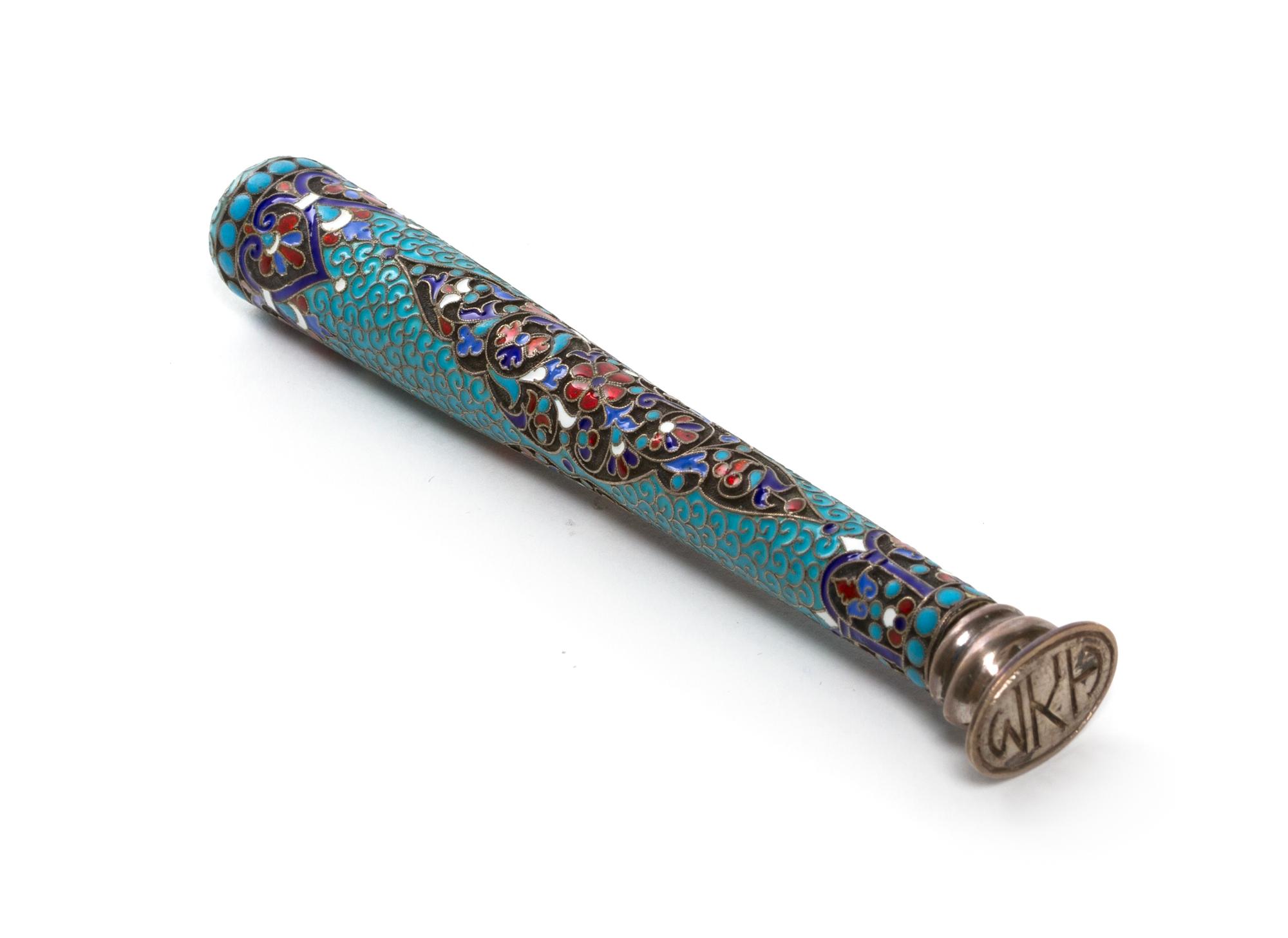 A Russian Enameled Silver Seal, Height 5 1/4 inches.