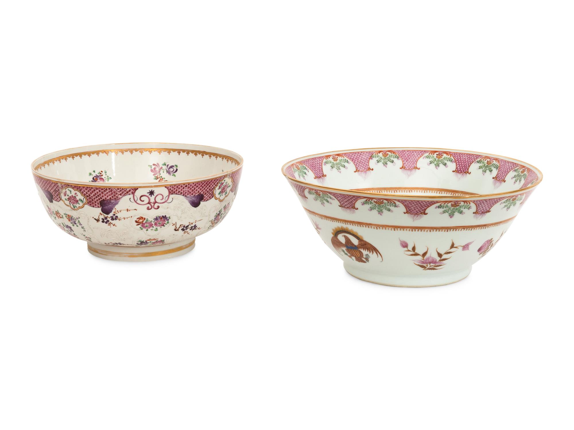 Two Chinese Export Style Porcelain Punch Bowls
