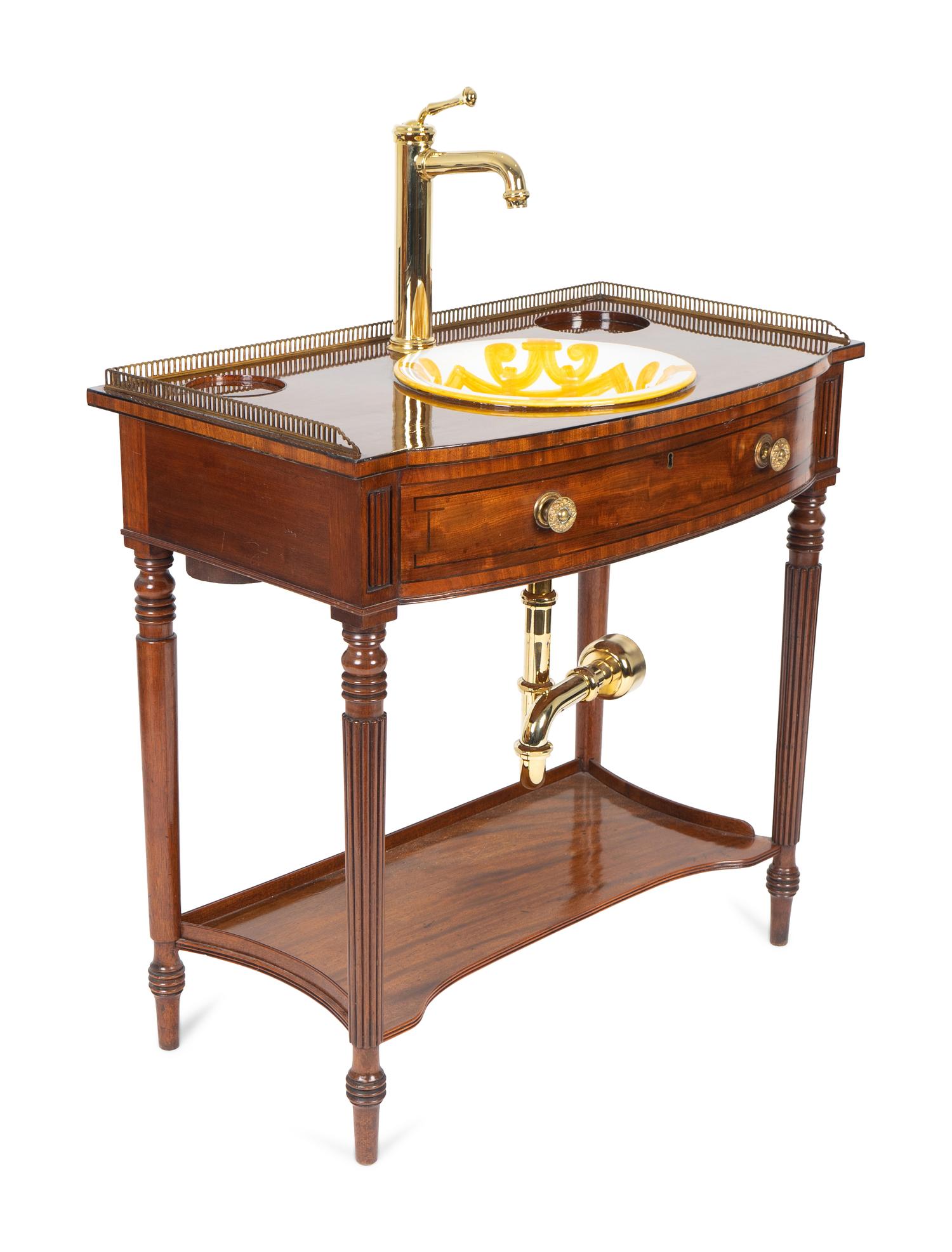 A Regency Style Mahogany Washstand with Brass Fixtures and Italian Ceramic Basin — 19TH/20TH CENTURY