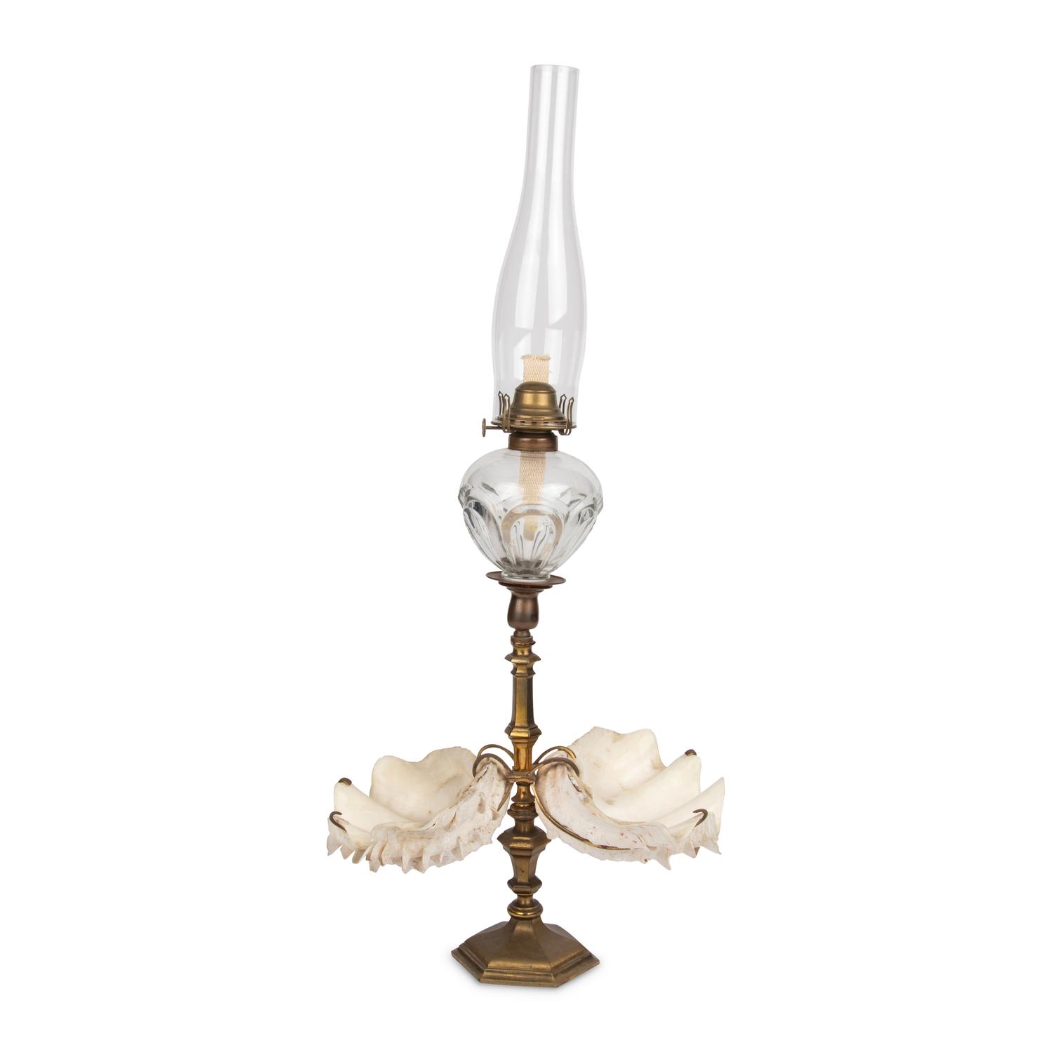 A Gilt Bronze and Clamshell Mounted Glass Oil Lamp