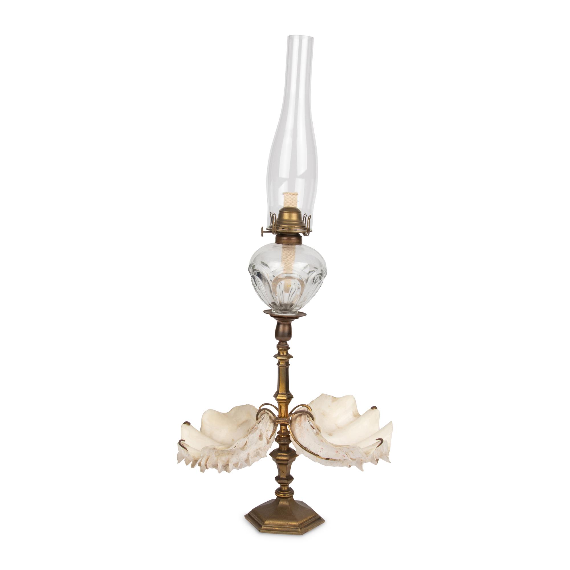 A Gilt Bronze and Clamshell Mounted Glass Oil Lamp