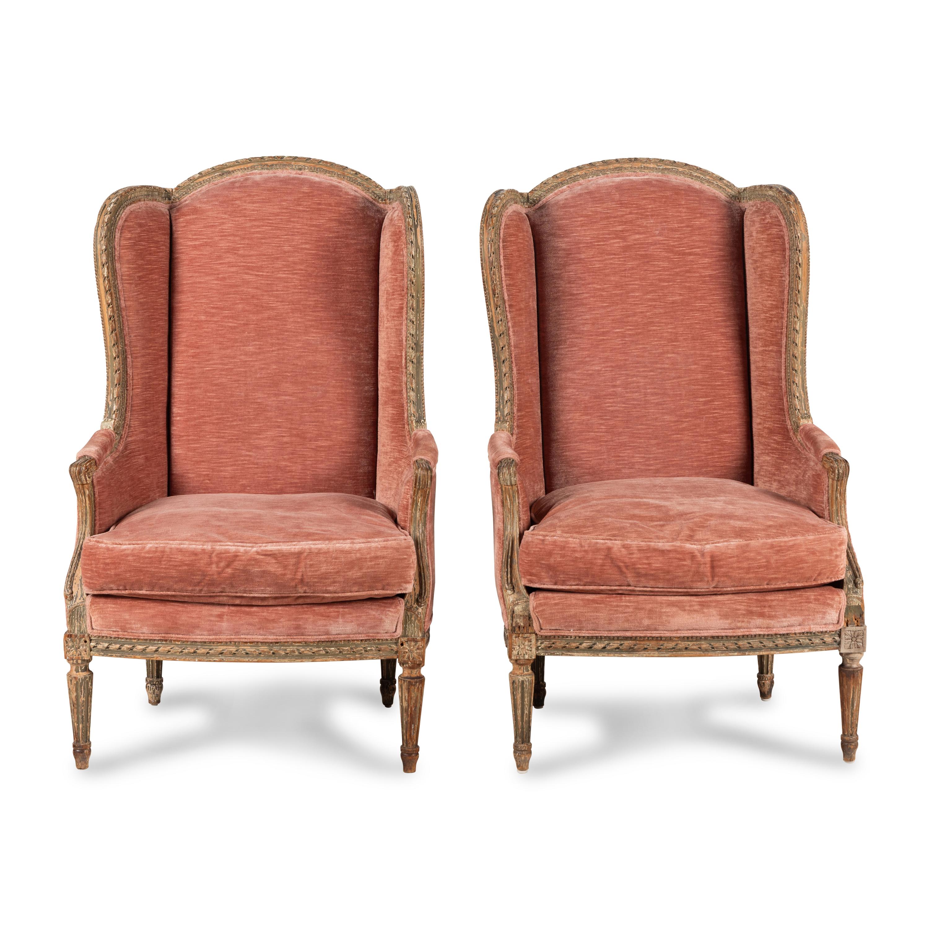 A Pair of Louis XVI Style Painted Bergères à Oreilles