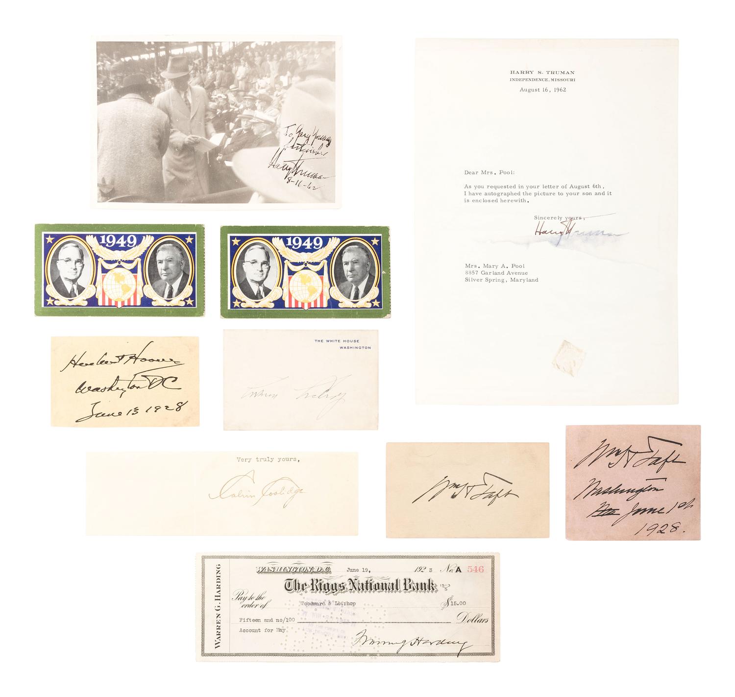 [POLITICS]. A group of presidential and vice presidential autographs and memorabilia, including TAFT, HARDING, COOLIDGE, HOOVER, TRUMAN, and FORD.