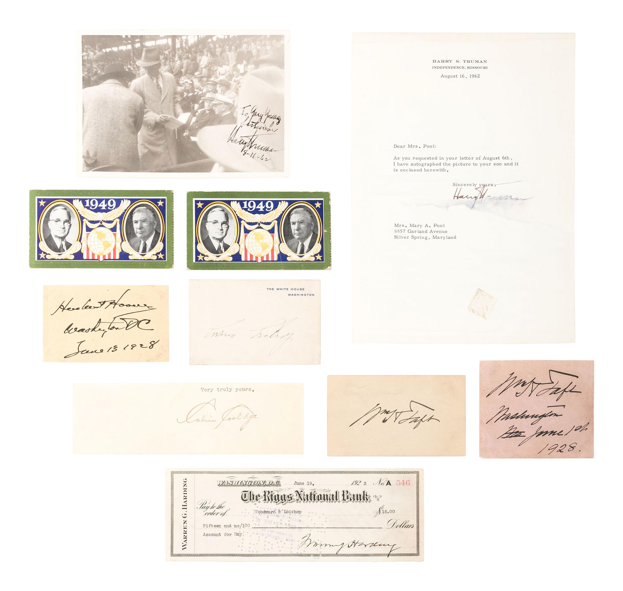 [POLITICS]. A group of presidential and vice presidential autographs and memorabilia, including TAFT, HARDING, COOLIDGE, HOOVER, TRUMAN, and FORD.
