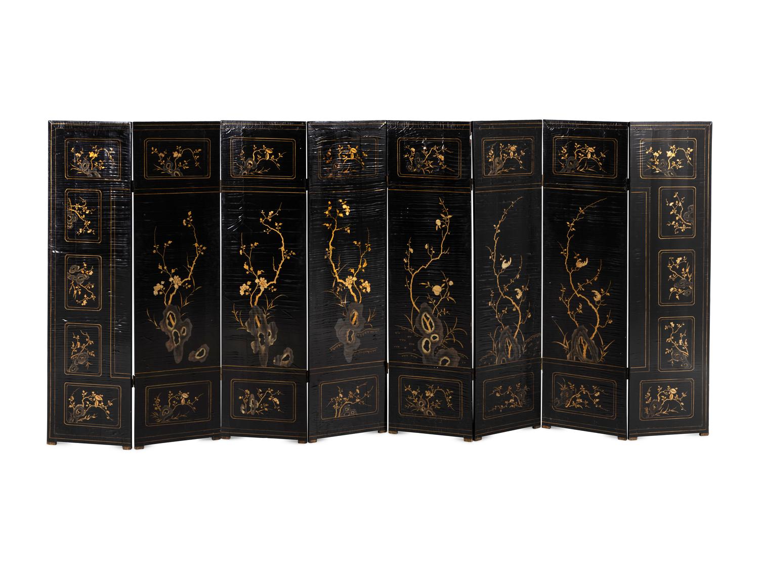 A Chinese Black and Gold Lacquer Eight-Panel Screen