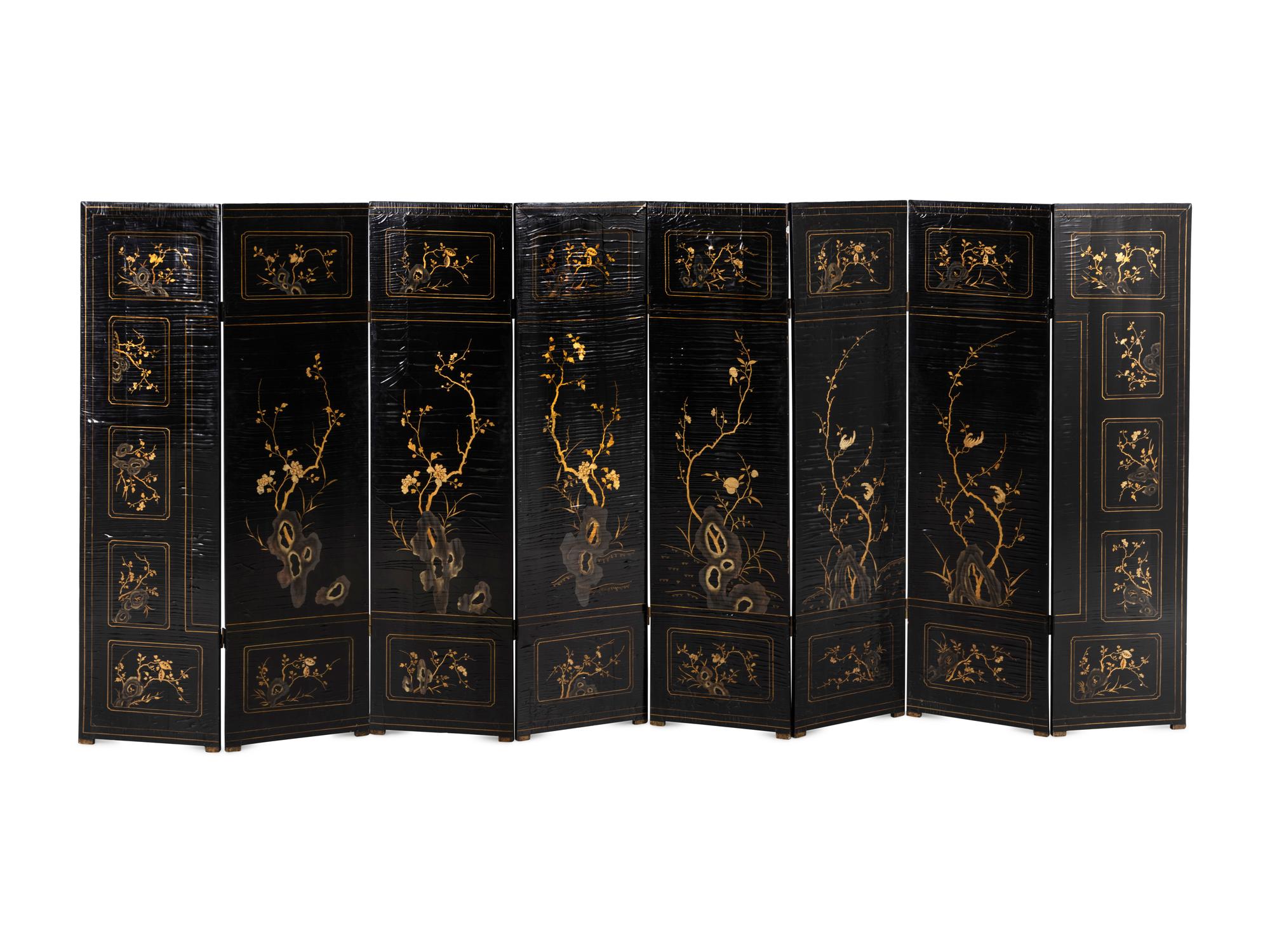 A Chinese Black and Gold Lacquer Eight-Panel Screen