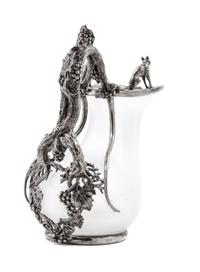 A Victorian Silver Mounted Frosted Glass Ewer, John S. Hunt, London, 1845, of askos form, the handle formed as a grapevine branch with