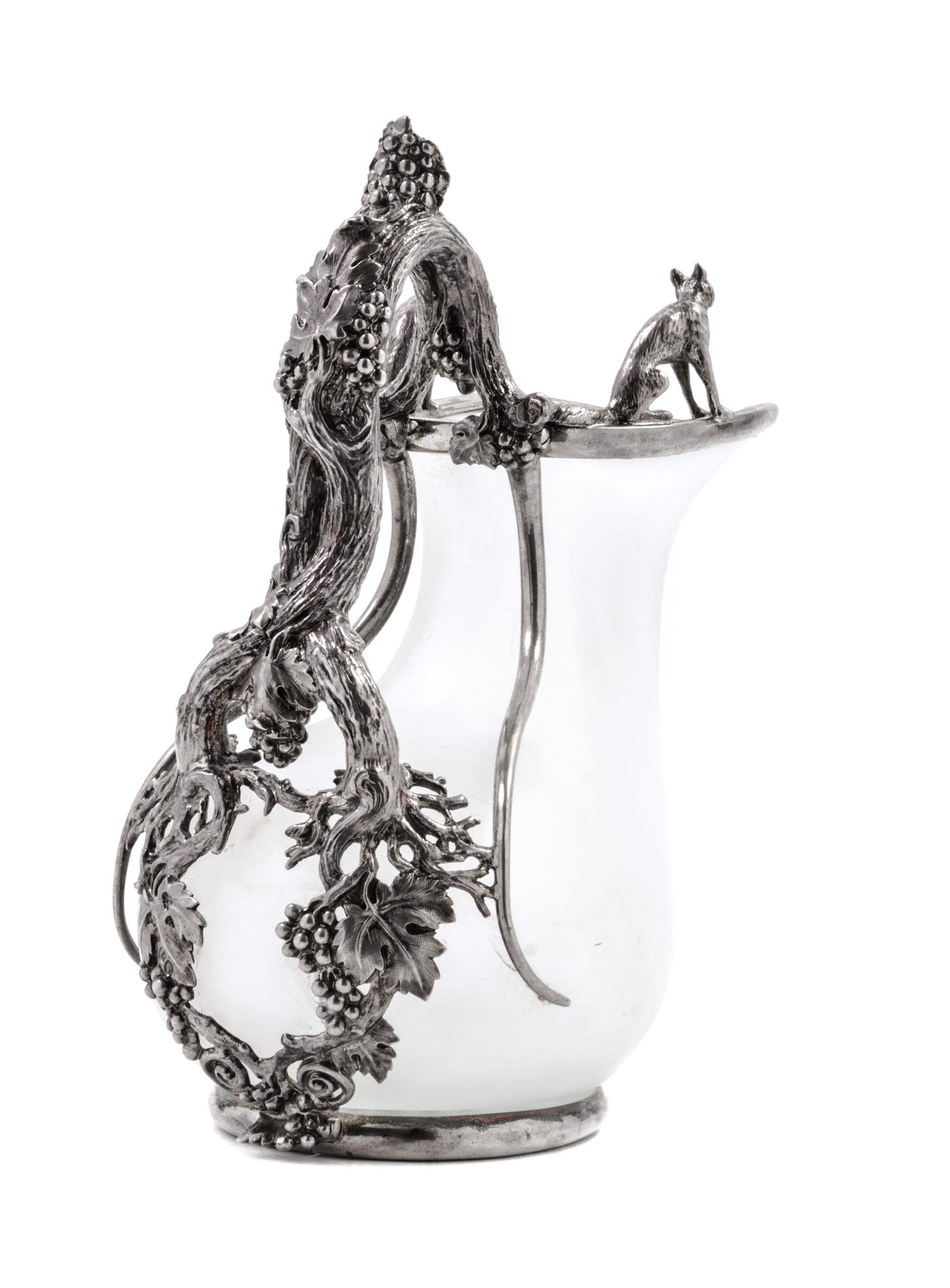 A Victorian Silver Mounted Frosted Glass Ewer, John S. Hunt, London, 1845, of askos form, the handle formed as a grapevine branch with