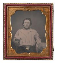 [WESTERN AMERICANA - MINING]. SHAW, E.T. & JOHNSON, John, photographers. Sixth plate daguerreotype of a gold miner with shovel in hand. San Francisco, CA, ca 1852.