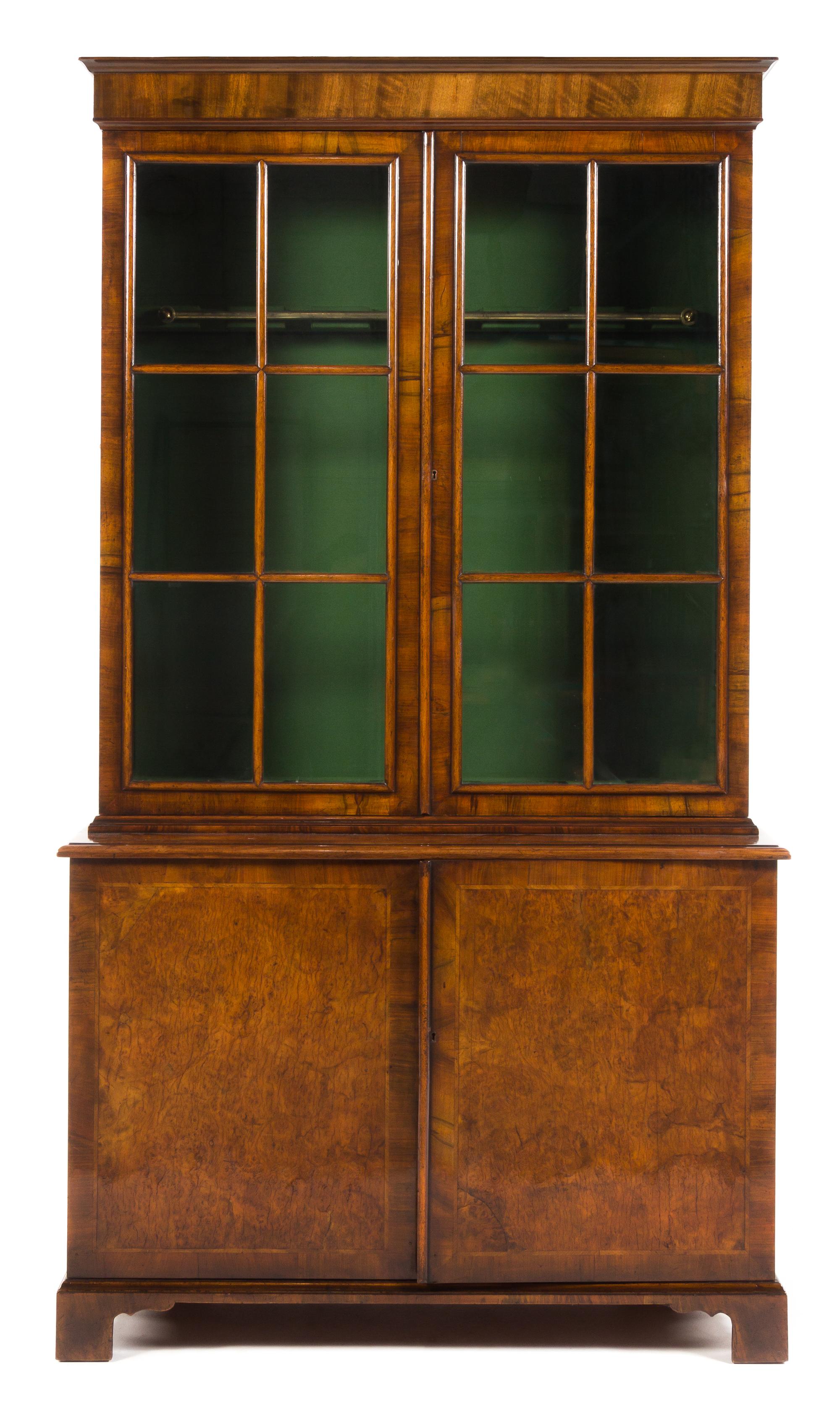 A George II Inlaid Burr Walnut Bookcase Cabinet Height 85 x width 47 1/2 x depth 18 1/2 inches. — 18TH CENTURY AND LATER