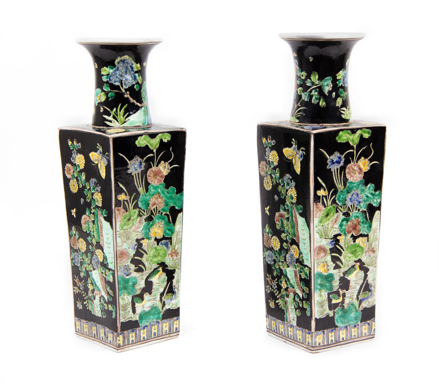 A Pair of Chinese Famille Noir Porcelain Vases Height 18 1/4 inches. — 20TH CENTURY
