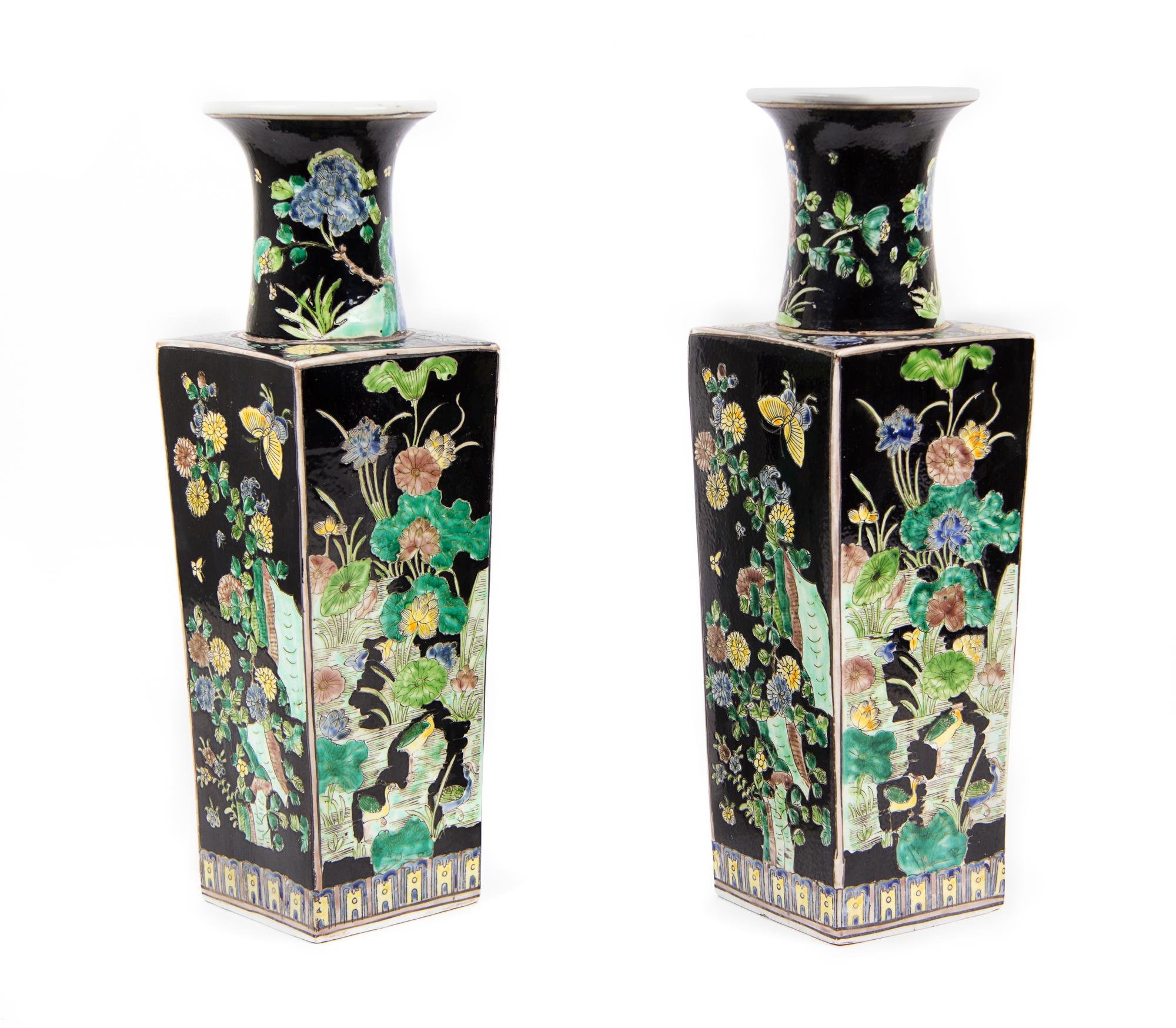 A Pair of Chinese Famille Noir Porcelain Vases Height 18 1/4 inches. — 20TH CENTURY