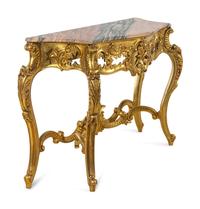 A Pair of Louis XV Style Giltwood Marble-Top Console Tables