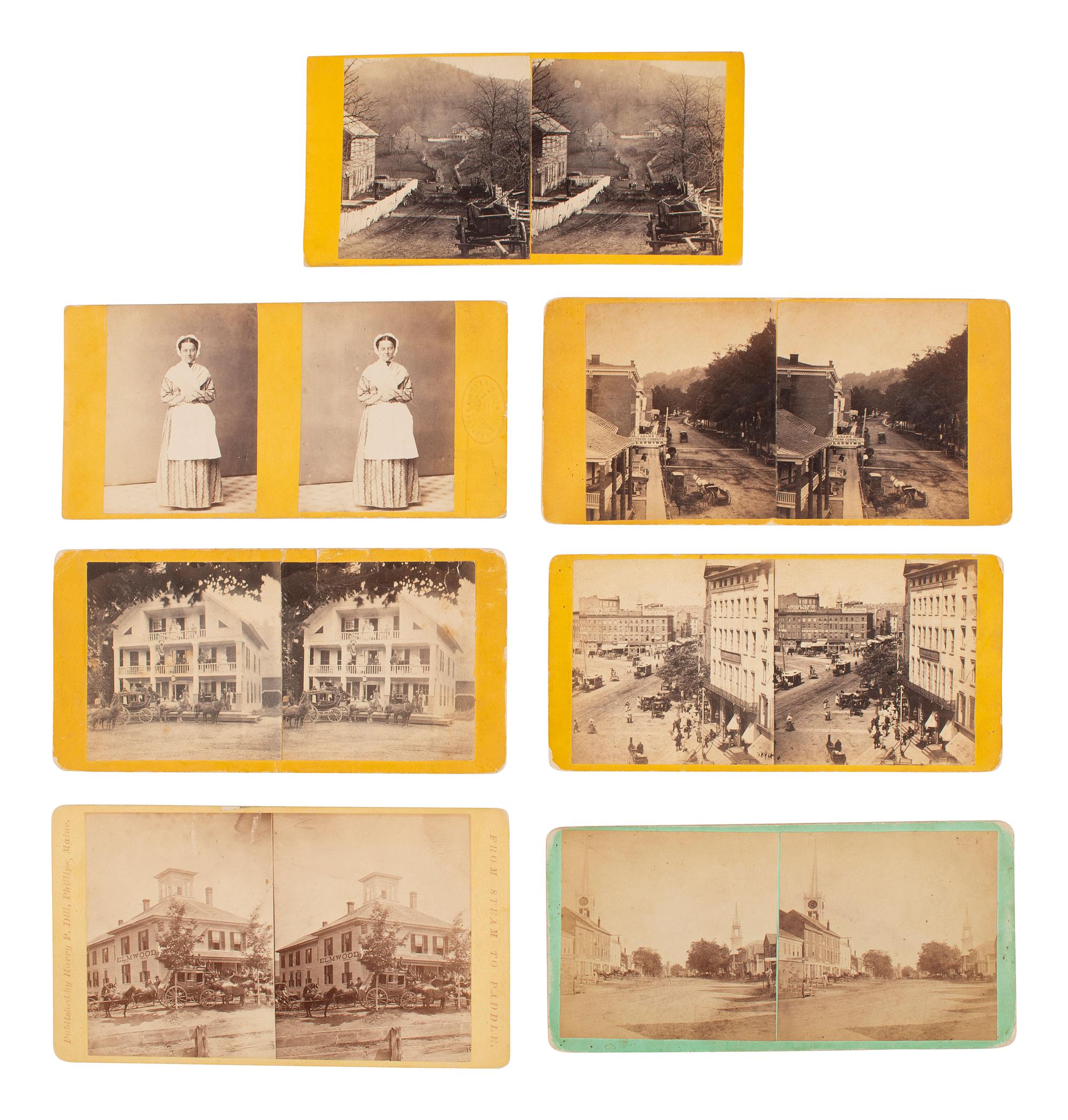 [EARLY PHOTOGRAPHY]. 7 stereoviews, incl. residences and businesses, many with stagecoaches.