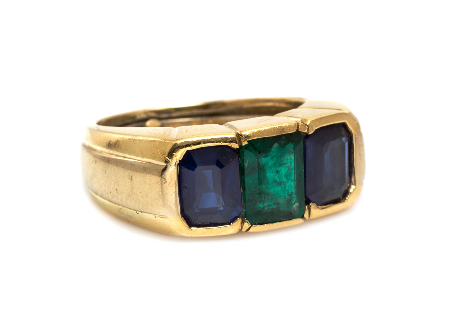 A Yellow Gold, Emerald and Sapphire Ring, 5.60 dwts.