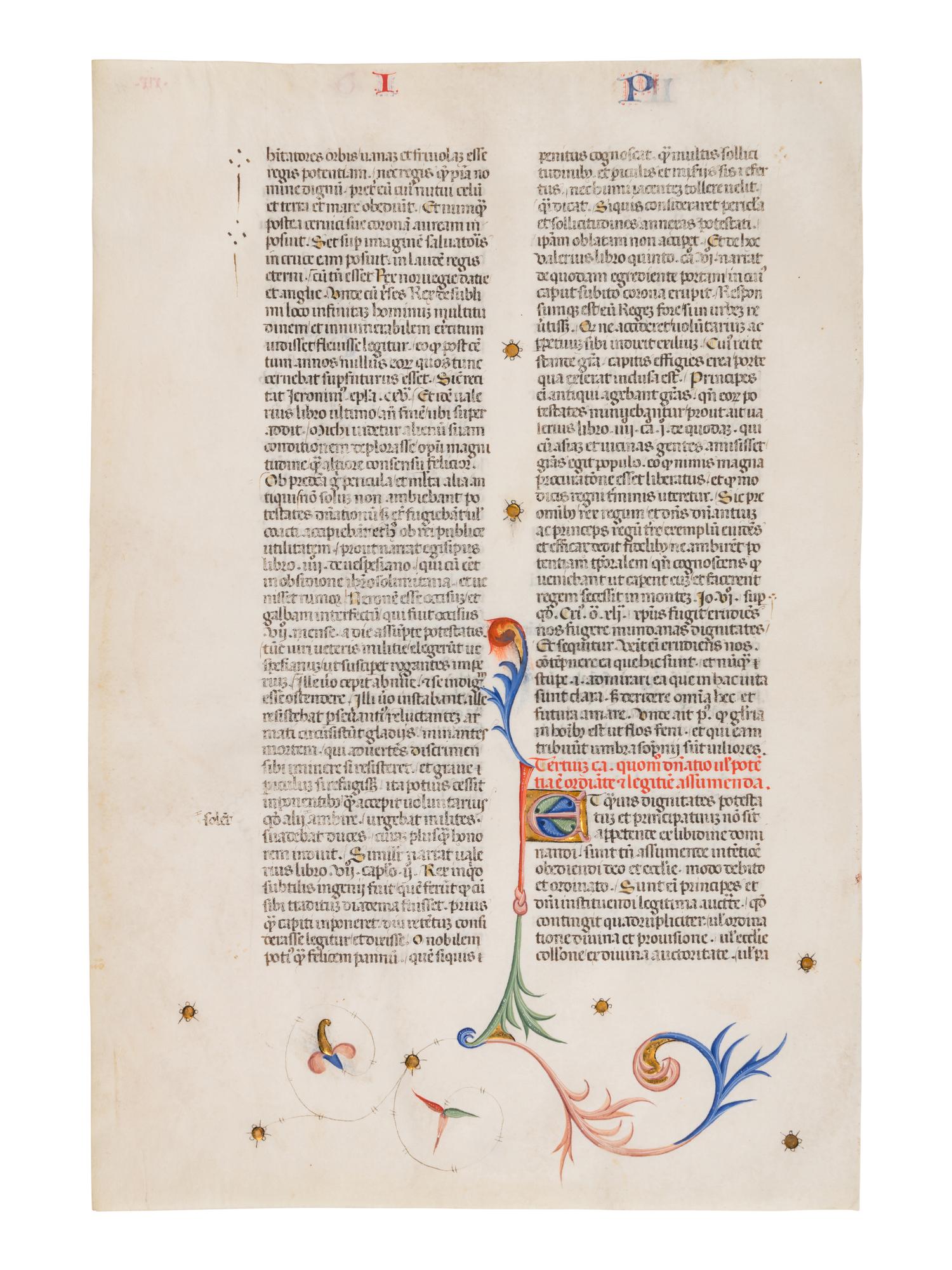 ANONYMOUS SPANISH ARTIST A leaf from John of Wales (Johannes Gallensis), Communiloquium or Summa collationium , in Latin, illuminated manuscript on parchment [Spain, c. 1400]