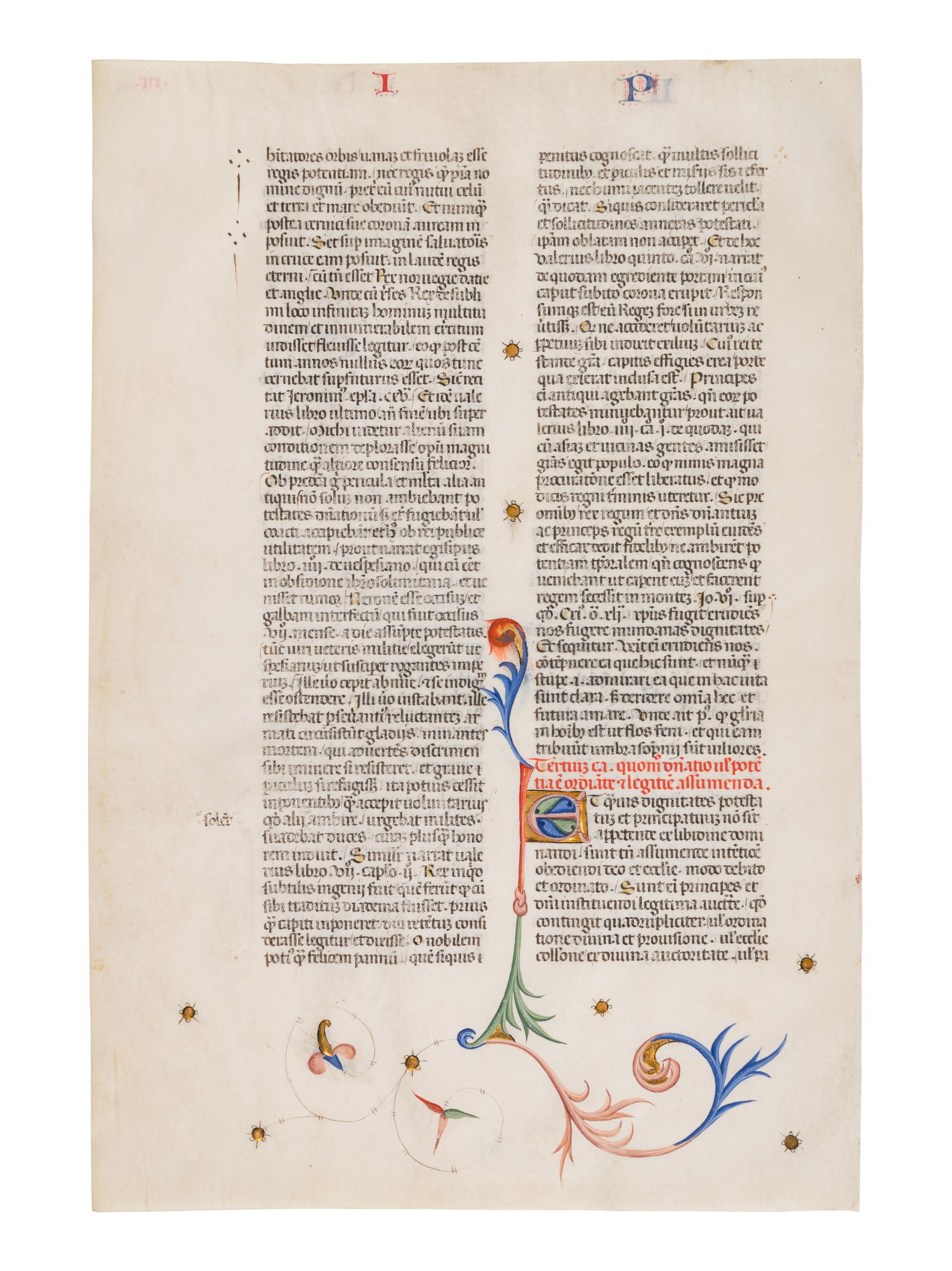 ANONYMOUS SPANISH ARTIST A leaf from John of Wales (Johannes Gallensis), Communiloquium or Summa collationium , in Latin, illuminated manuscript on parchment [Spain, c. 1400]