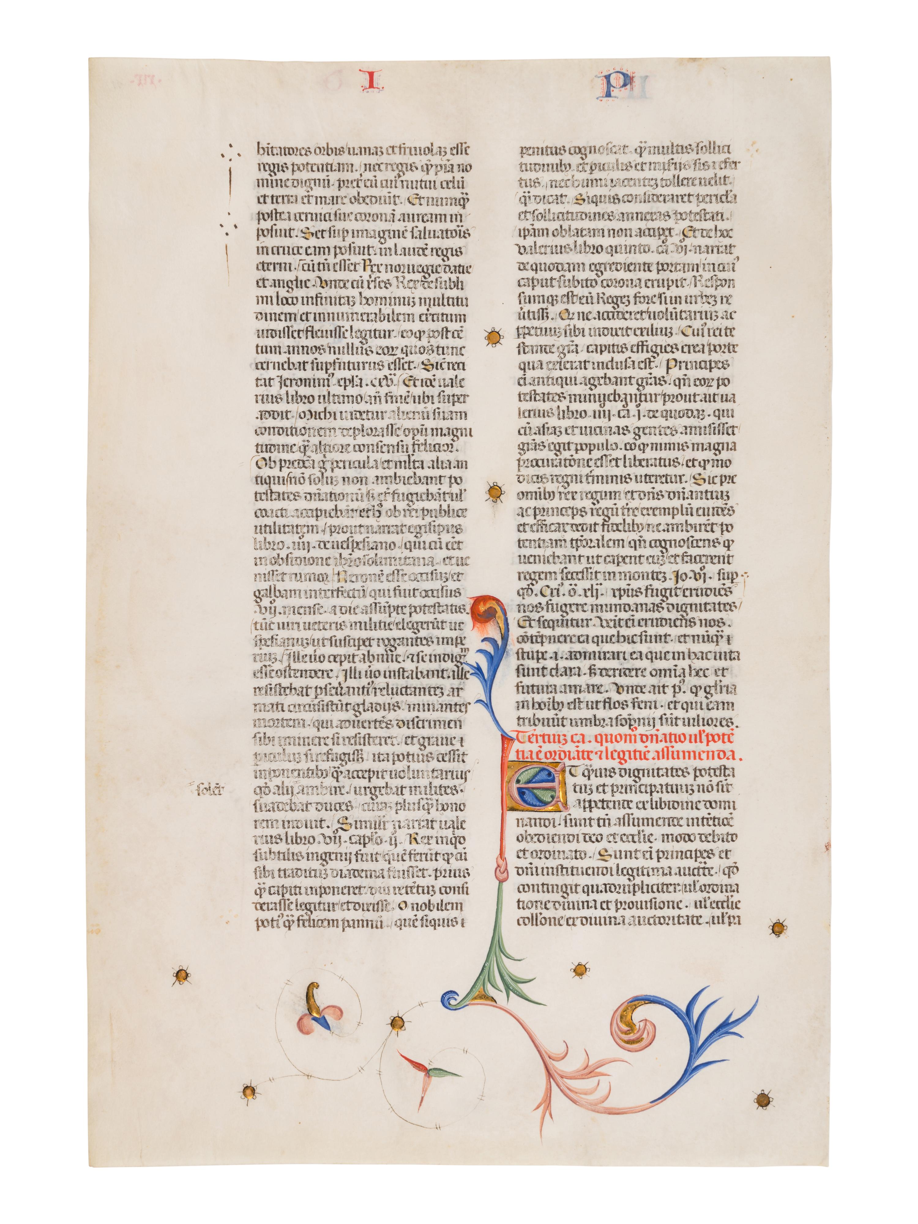 ANONYMOUS SPANISH ARTIST A leaf from John of Wales (Johannes Gallensis), Communiloquium or Summa collationium , in Latin, illuminated manuscript on parchment [Spain, c. 1400]