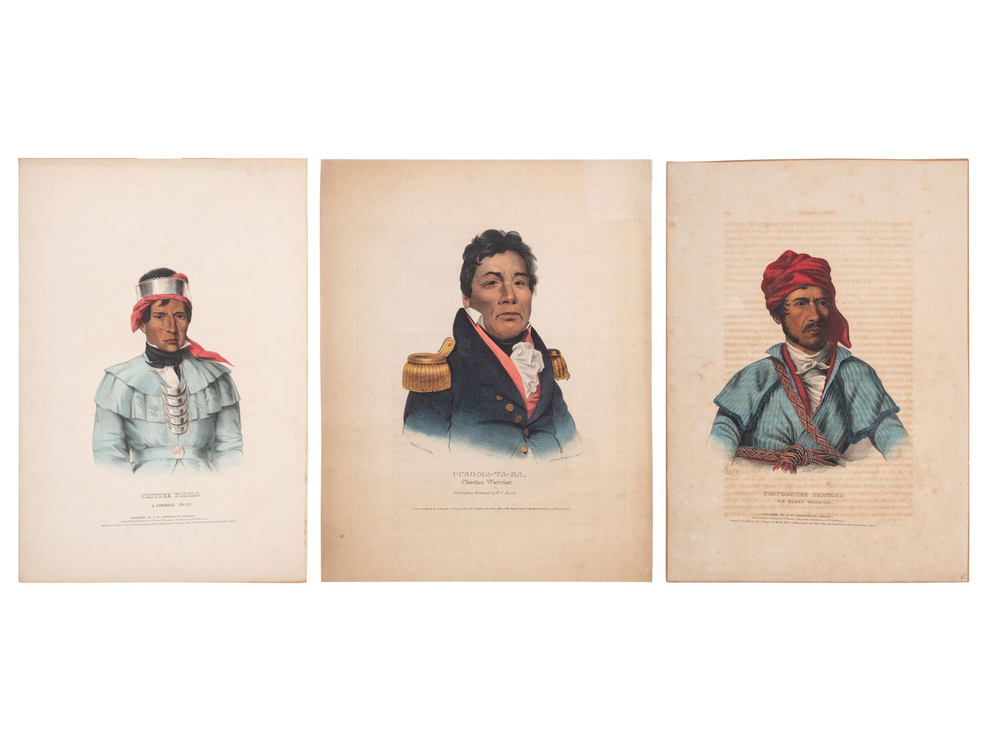 [McKENNEY & HALL]. A group of 3 large folio hand-colored lithographs of Chocktaw, Uchee, and Seminole. 1833-1838.