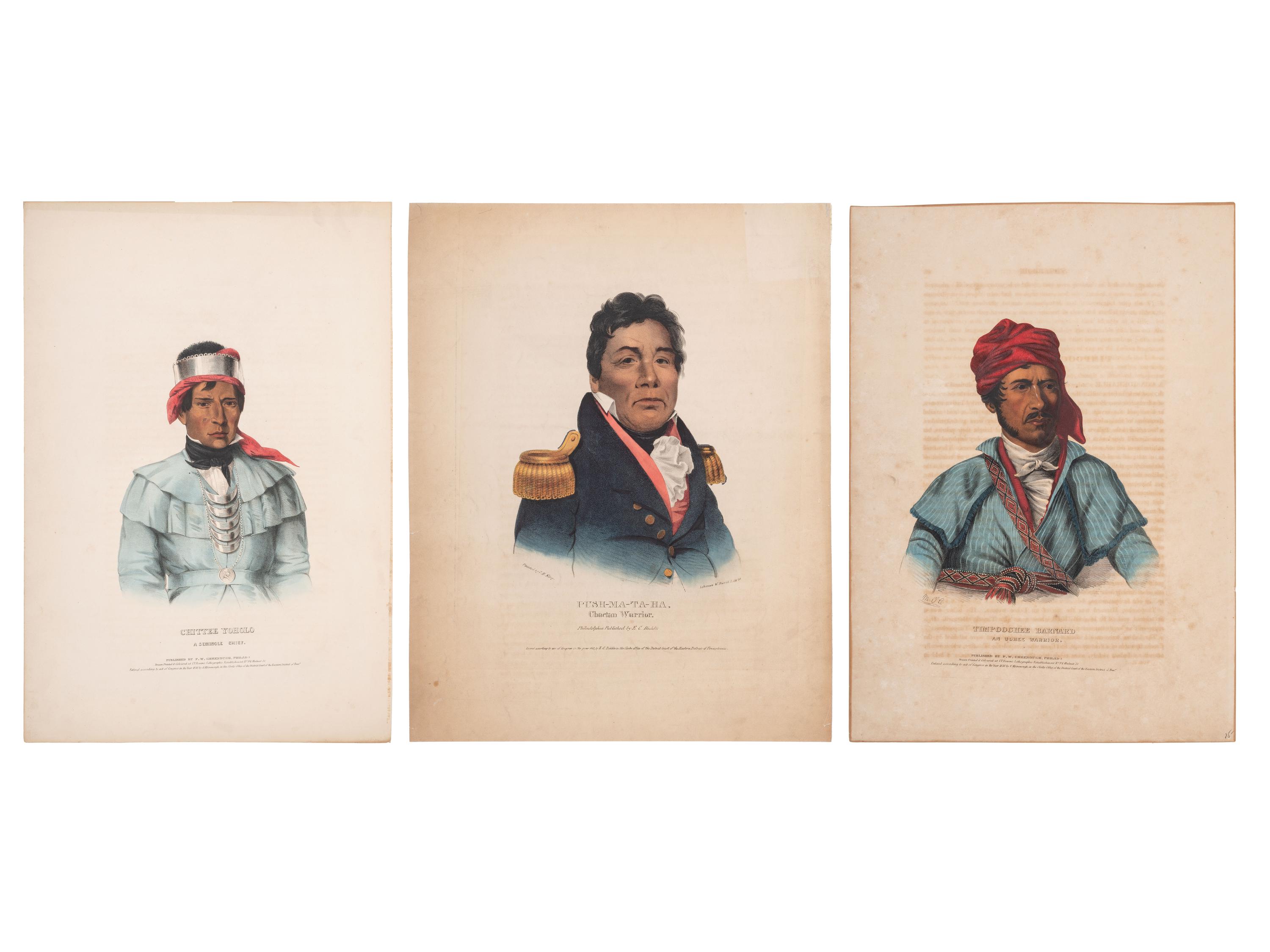 [McKENNEY & HALL]. A group of 3 large folio hand-colored lithographs of Chocktaw, Uchee, and Seminole. 1833-1838.