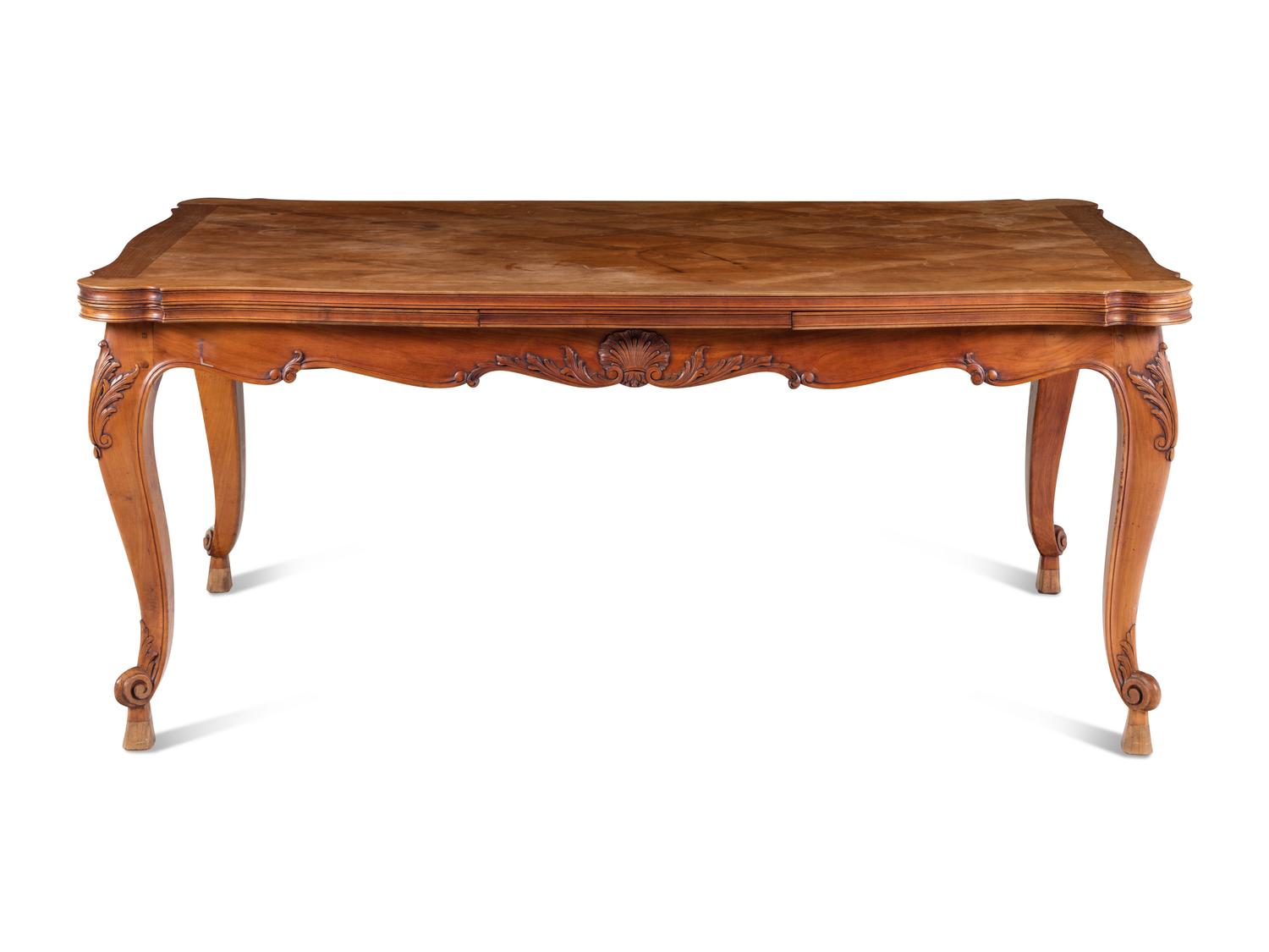 A Louis XV Style Parquetry and Walnut Extension Dining Table