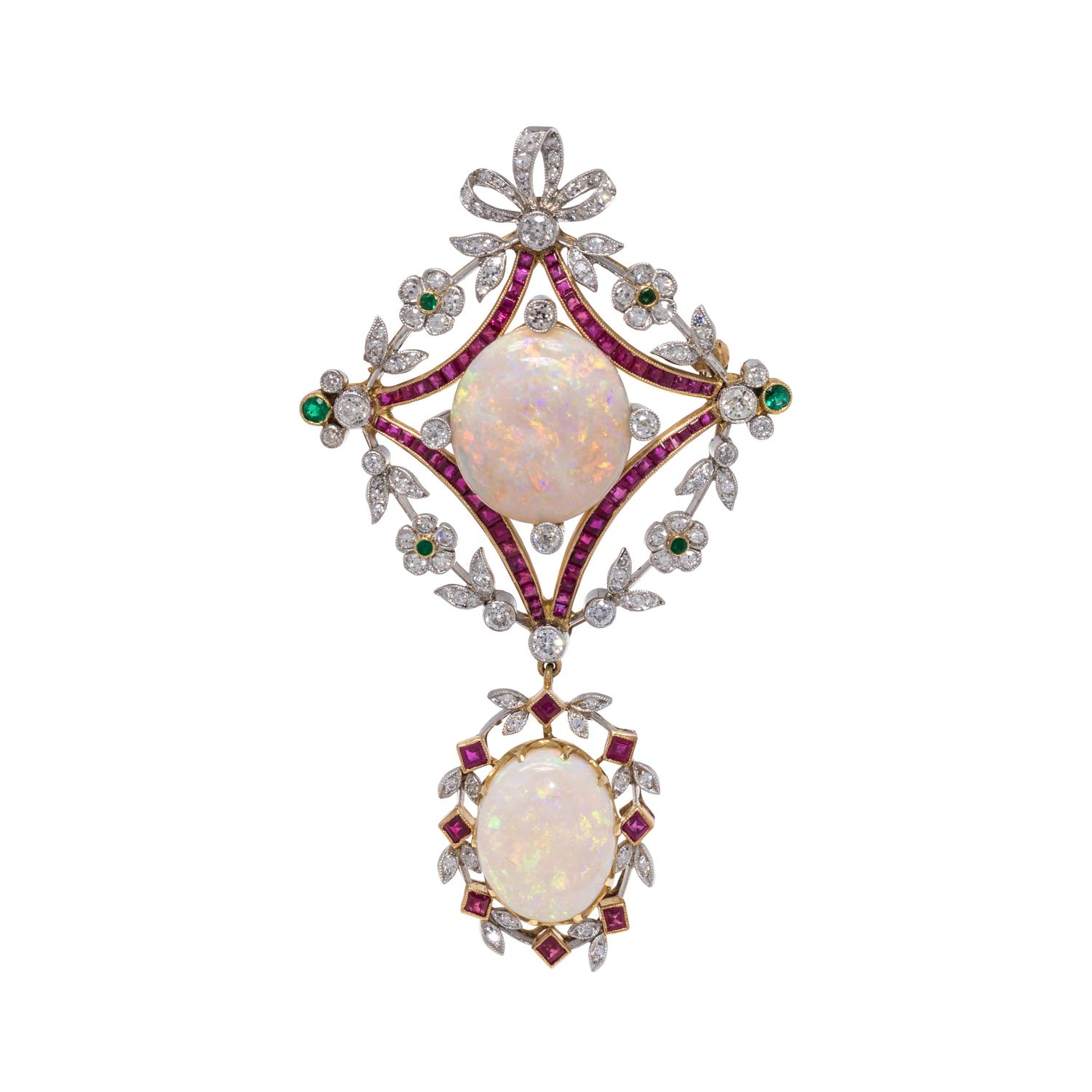 EVELYN CLOTHIER, OPAL, DIAMOND, RUBY AND EMERALD BROOCH