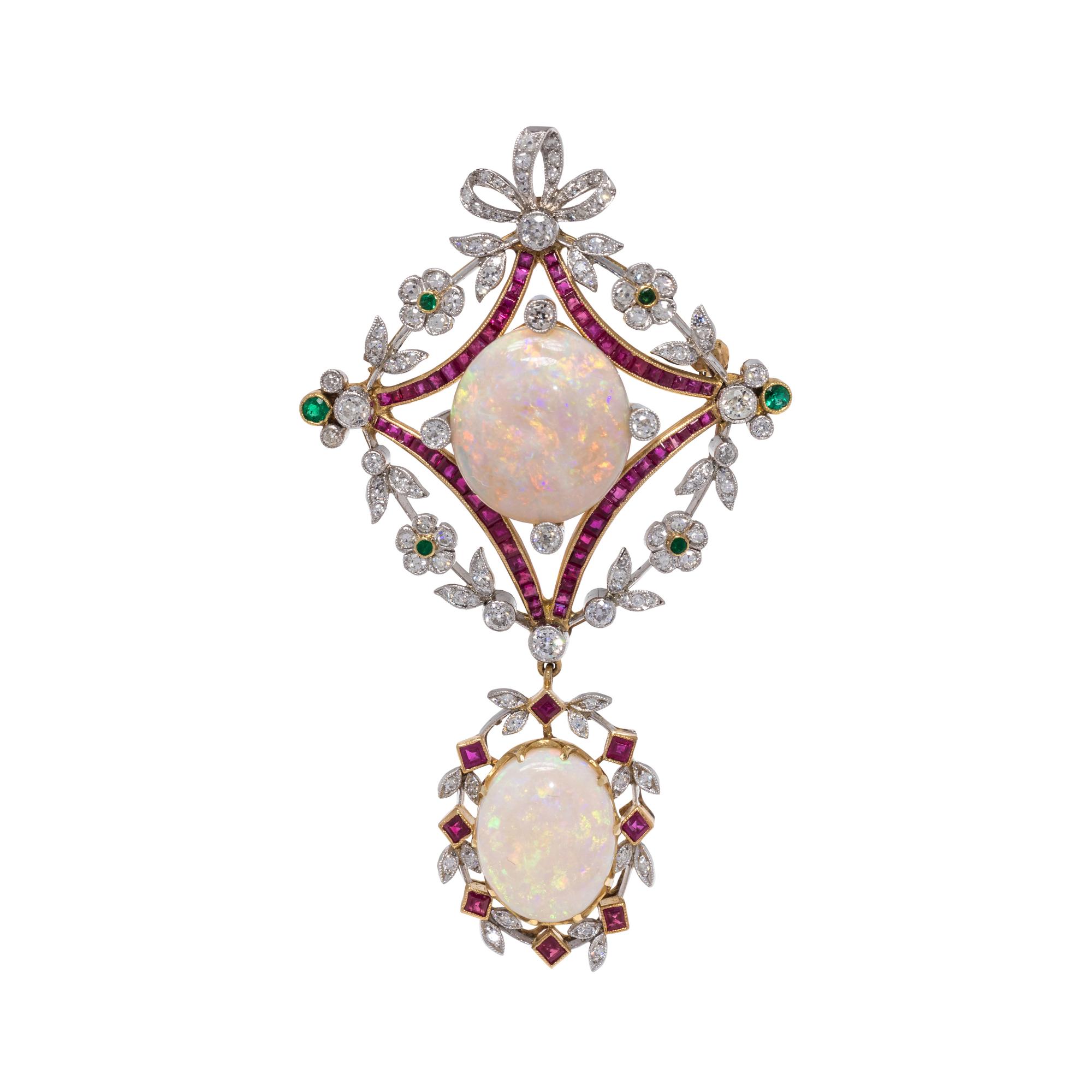 EVELYN CLOTHIER, OPAL, DIAMOND, RUBY AND EMERALD BROOCH
