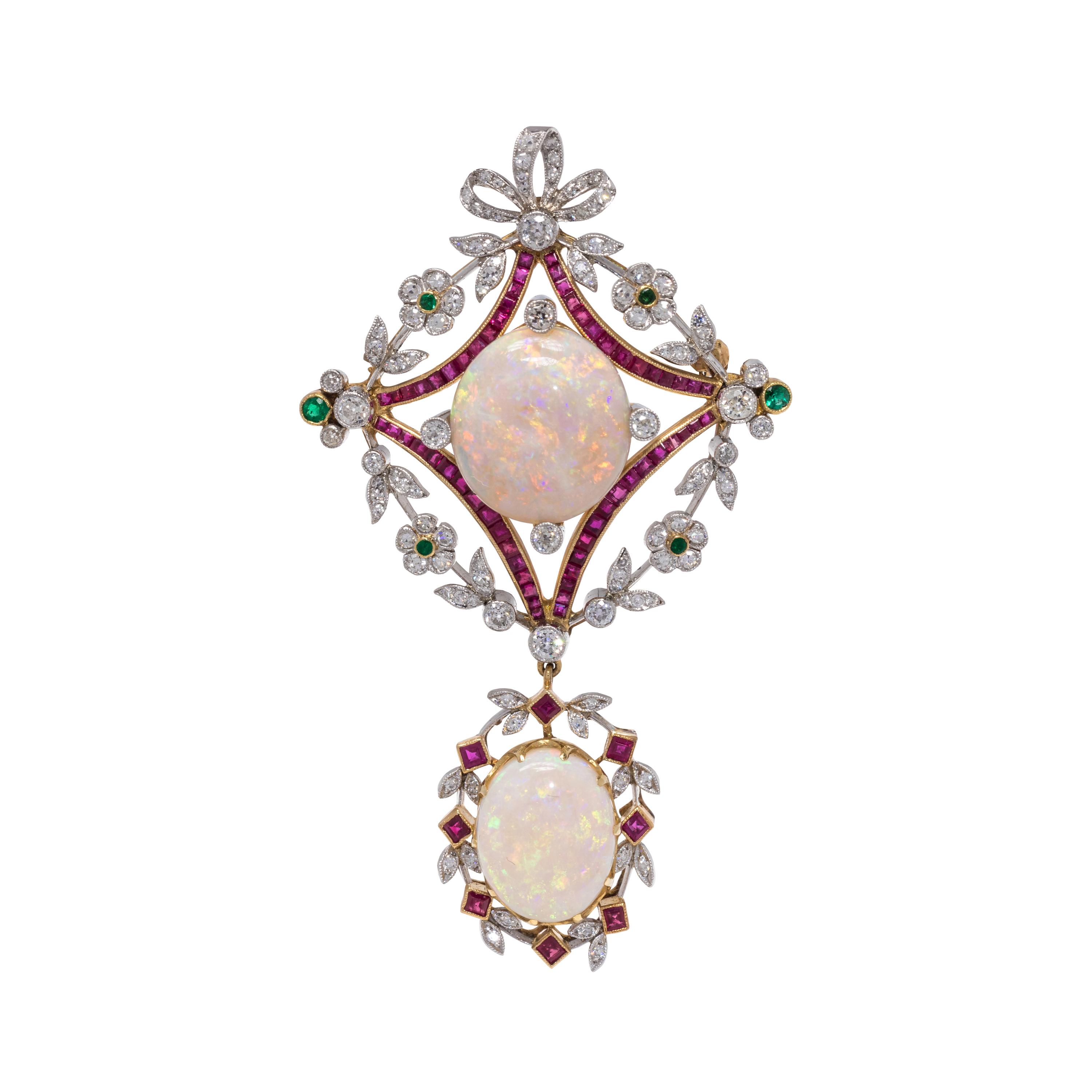 EVELYN CLOTHIER, OPAL, DIAMOND, RUBY AND EMERALD BROOCH