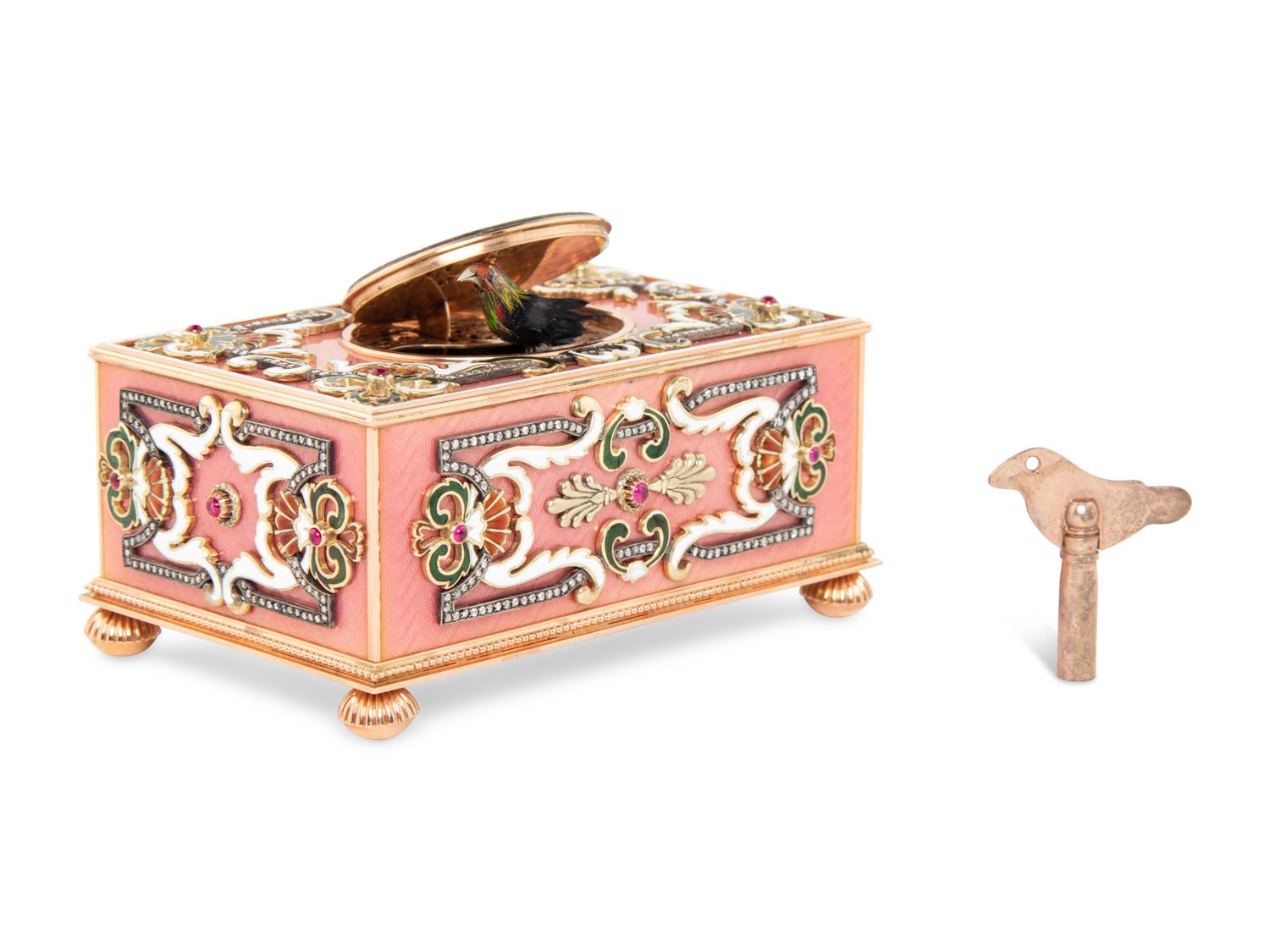 A Continental Gold, Enamel and Jewel-Inset Singing Bird Automaton Box