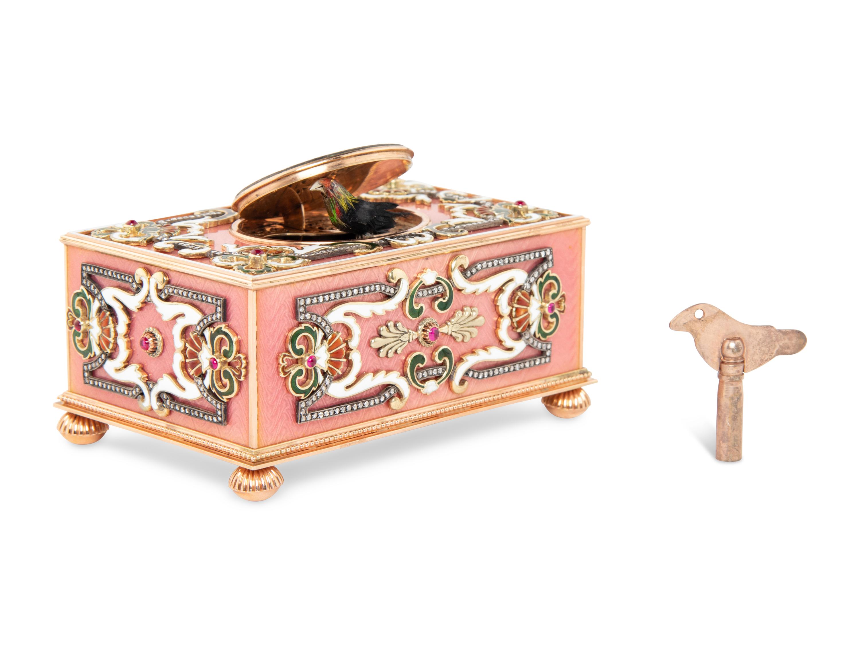 A Continental Gold, Enamel and Jewel-Inset Singing Bird Automaton Box