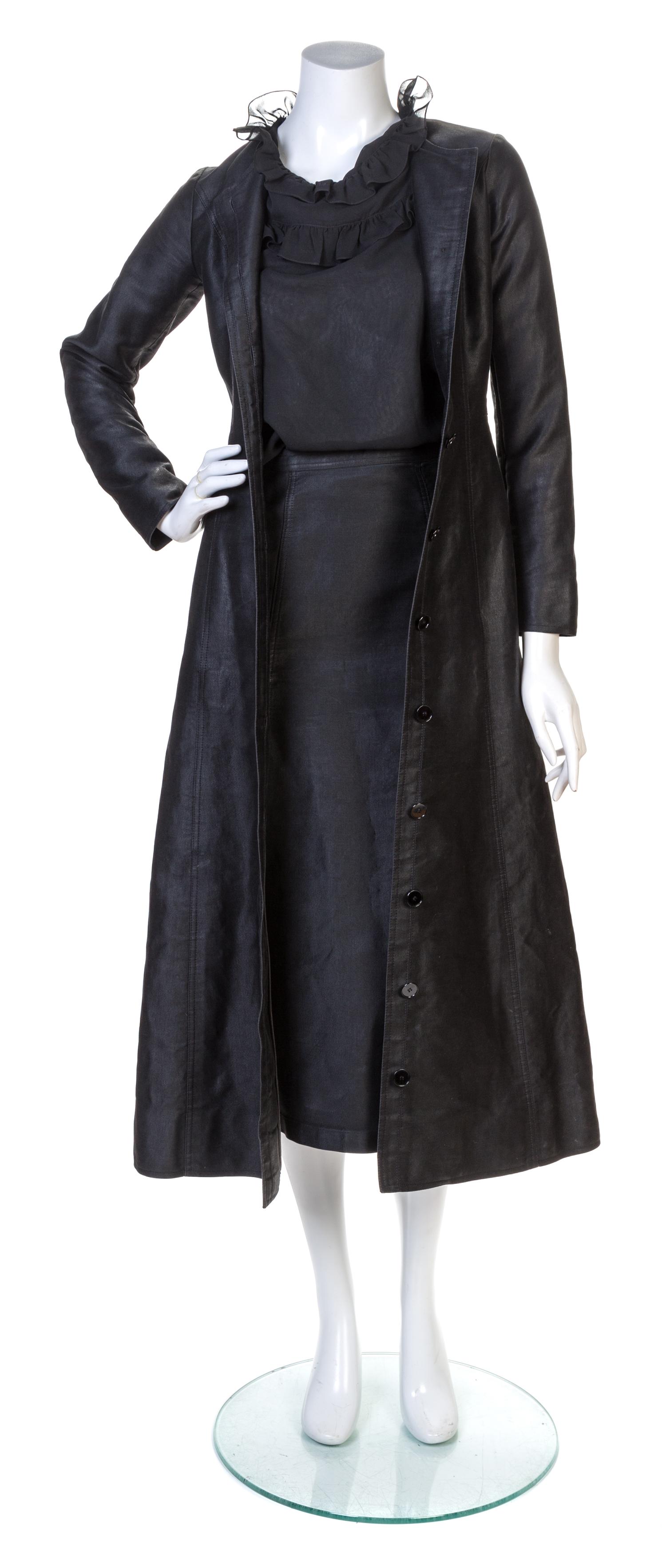 An Yves Saint Laurent Black Cotton Gabardine Coat Ensemble, Blouse size 36.