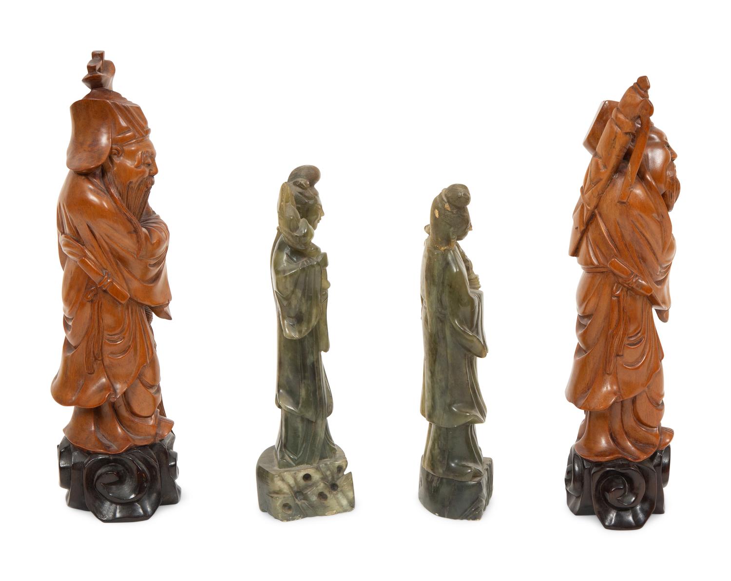 A Pair of Chinese Carved Wood Scholars and a Pair of Carved Green Hardstone Guan Yins