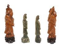 A Pair of Chinese Carved Wood Scholars and a Pair of Carved Green Hardstone Guan Yins