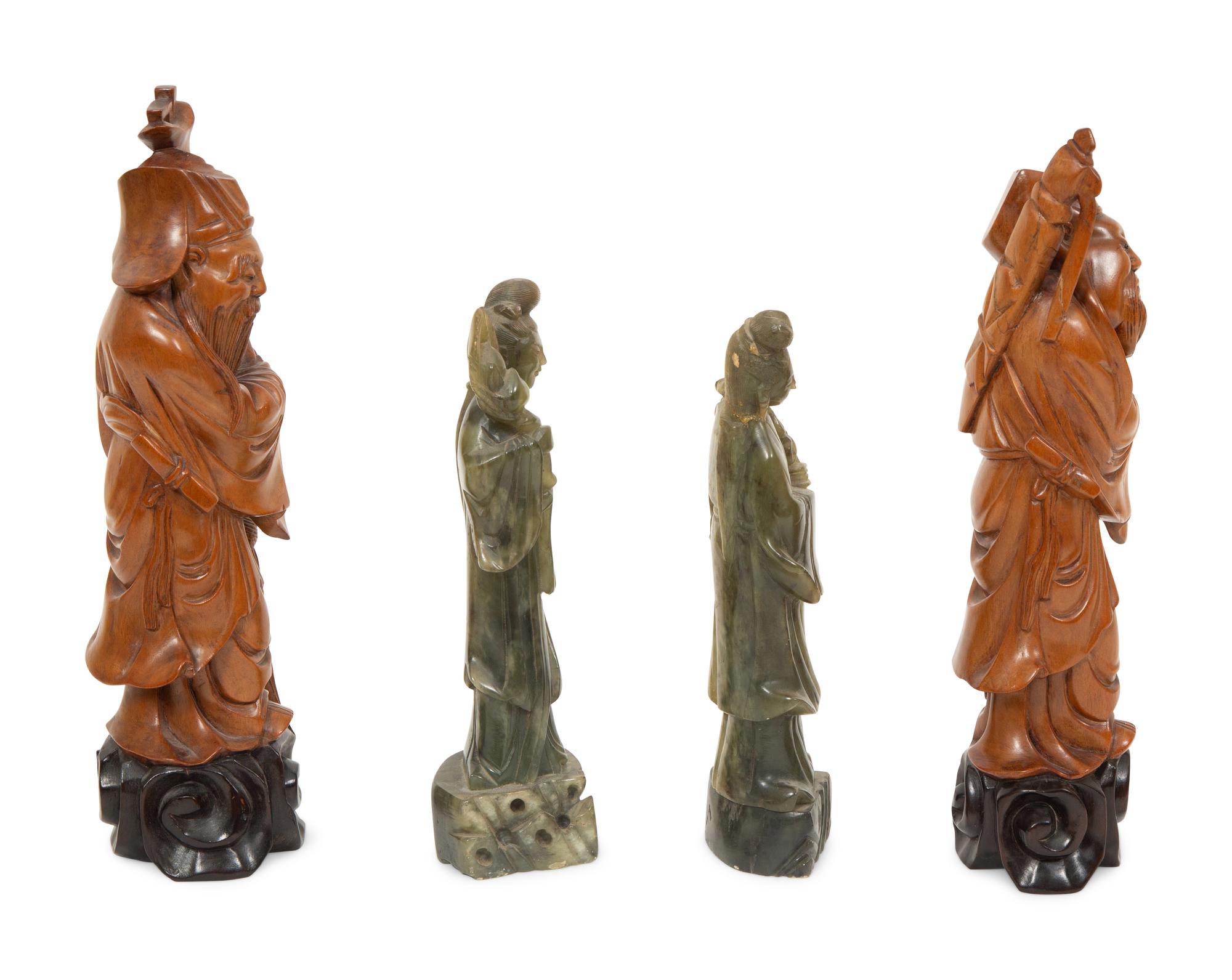 A Pair of Chinese Carved Wood Scholars and a Pair of Carved Green Hardstone Guan Yins