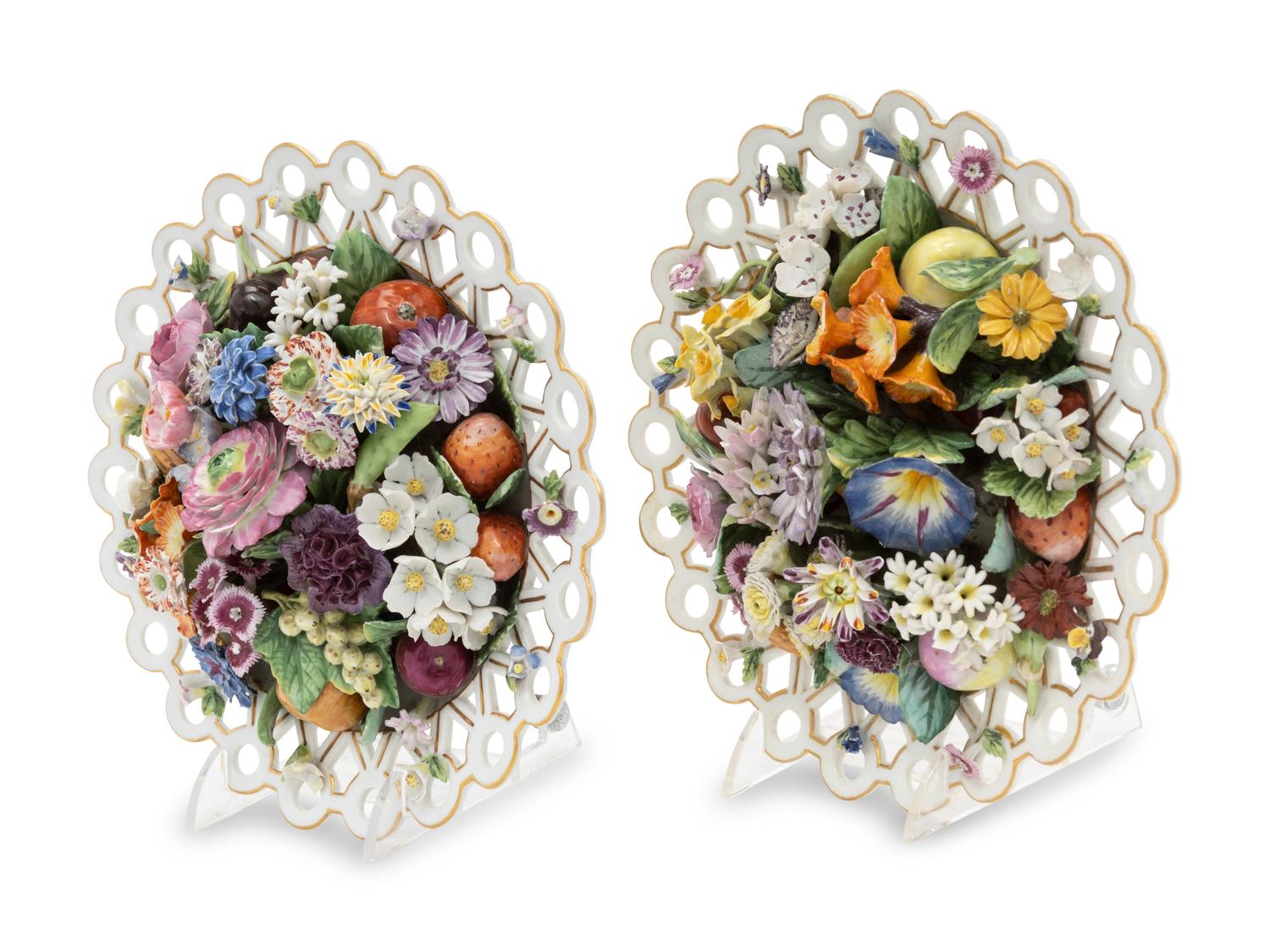 A Pair of Meissen Porcelain Models of Fruit- and Flower-Filled Baskets